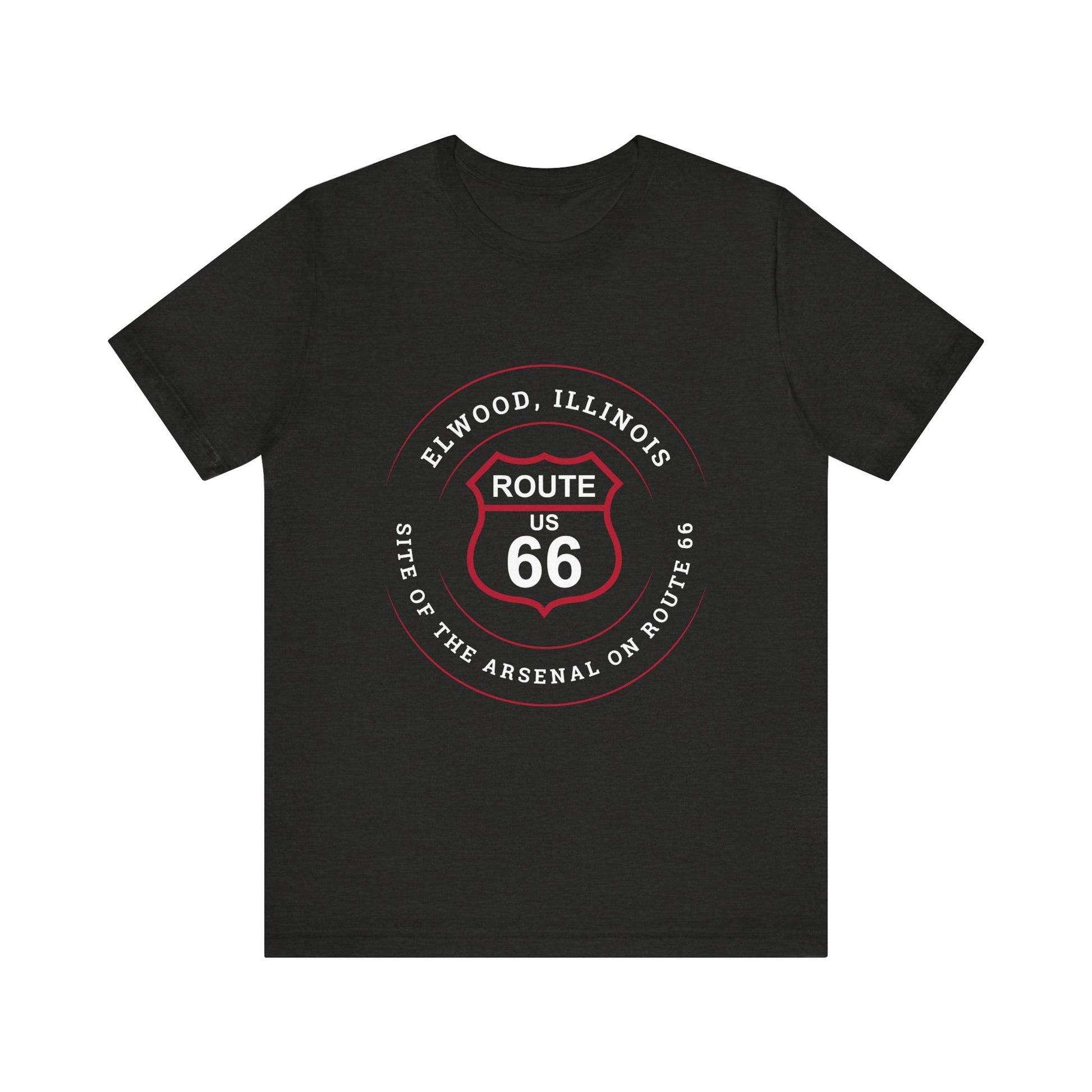 Black heather retro Route 66 unisex jersey tee with Elwood, IL: "Site of the Arsenal on Route 66" design
