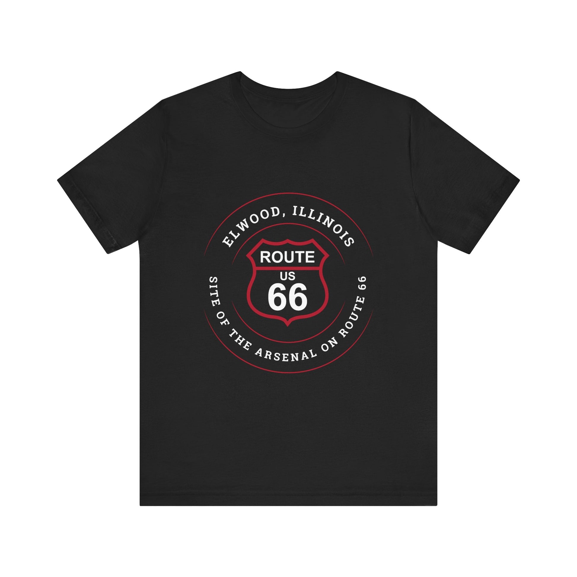 Black retro Route 66 unisex jersey tee with Elwood, IL: "Site of the Arsenal on Route 66" design