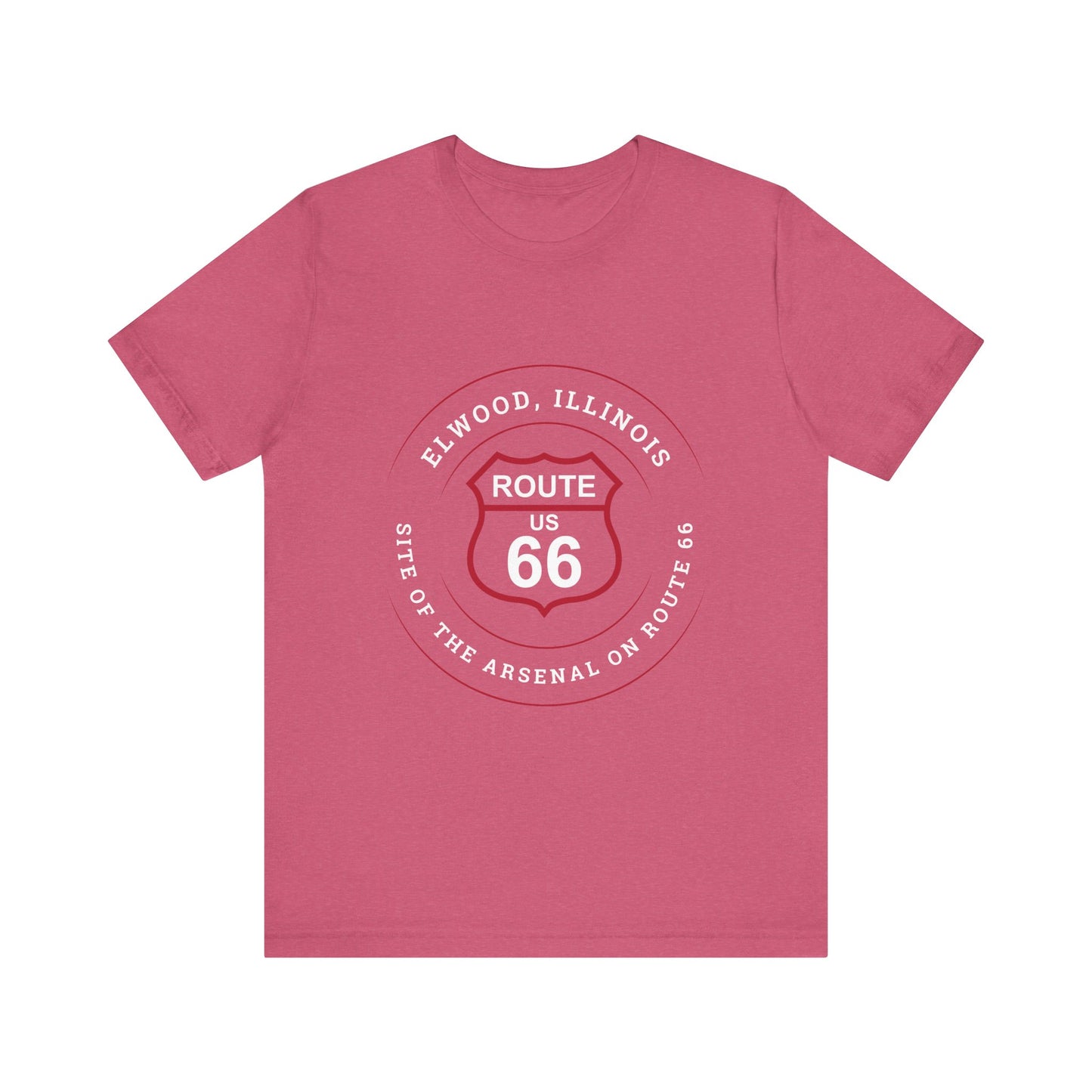 Heather raspberry retro Route 66 unisex jersey tee with Elwood, IL: "Site of the Arsenal on Route 66" design