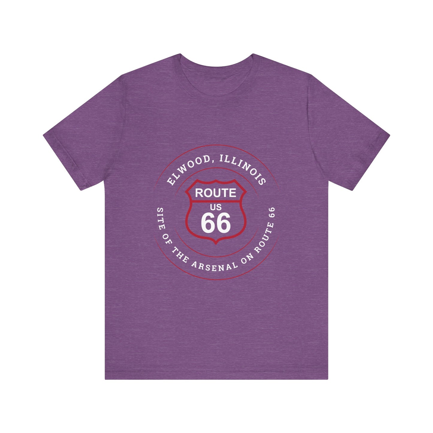 Heather team purple retro Route 66 unisex jersey tee with Elwood, IL: "Site of the Arsenal on Route 66" design