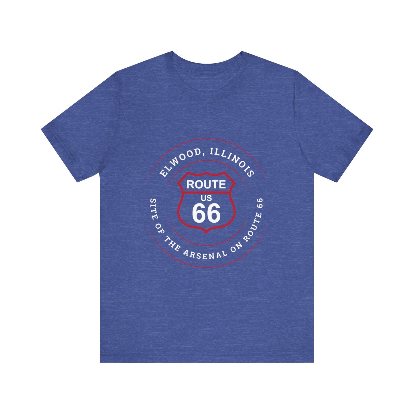 Heather true royal retro Route 66 unisex jersey tee with Elwood, IL: "Site of the Arsenal on Route 66" design
