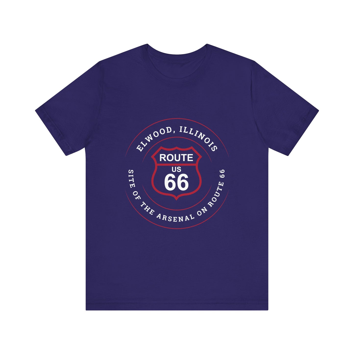 Team navy retro Route 66 unisex jersey tee with Elwood, IL: "Site of the Arsenal on Route 66" design
