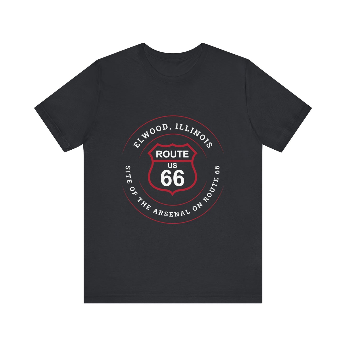 Vintage black retro Route 66 unisex jersey tee with Elwood, IL: "Site of the Arsenal on Route 66" design