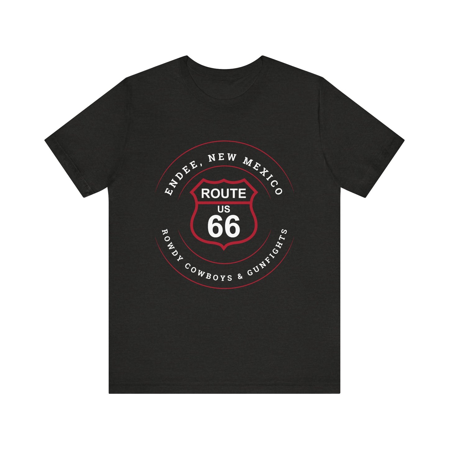 Black heather retro Route 66 unisex jersey tee with Endee, NM: "Rowdy Cowboys & Gunfights" design