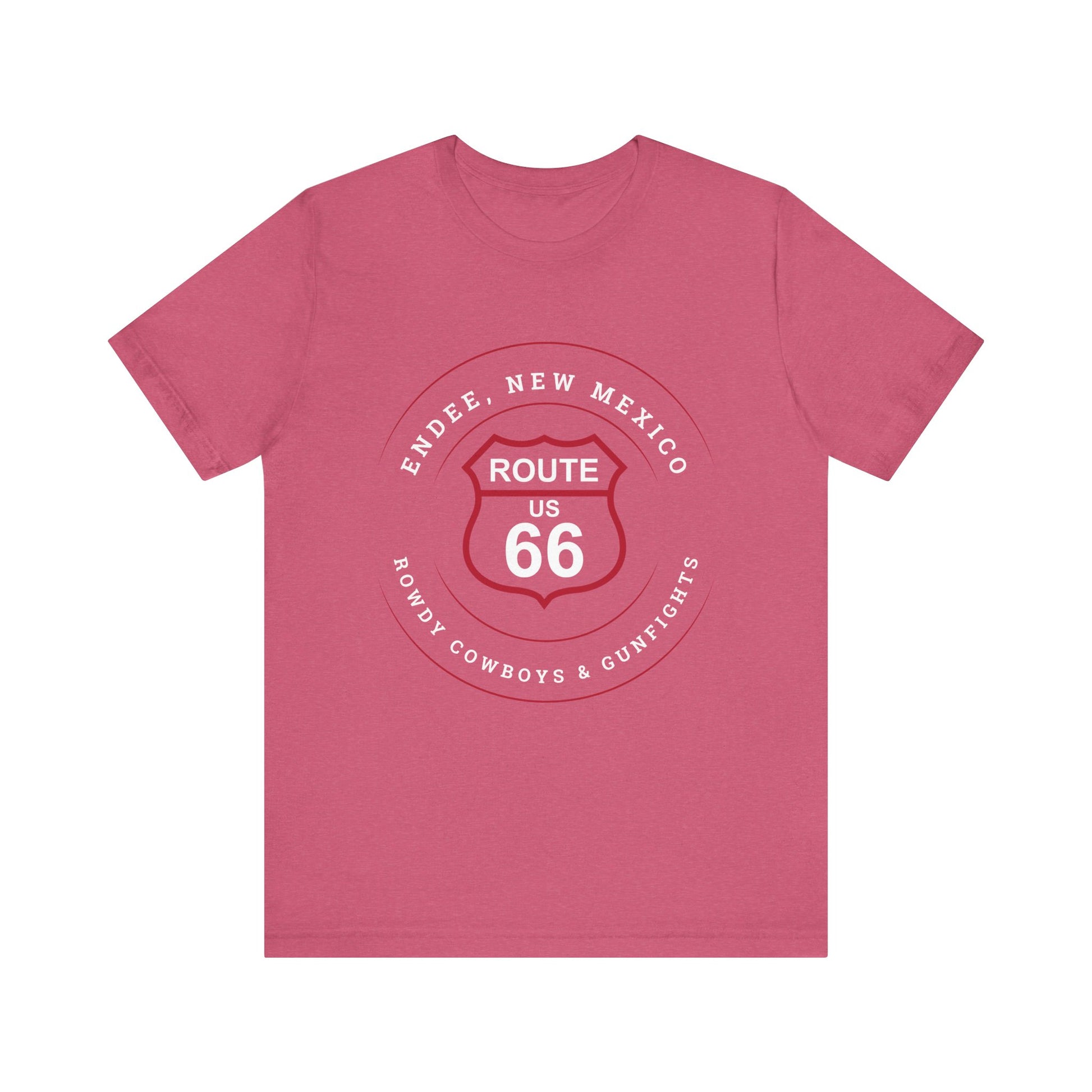 Heather raspberry retro Route 66 unisex jersey tee with Endee, NM: "Rowdy Cowboys & Gunfights" design