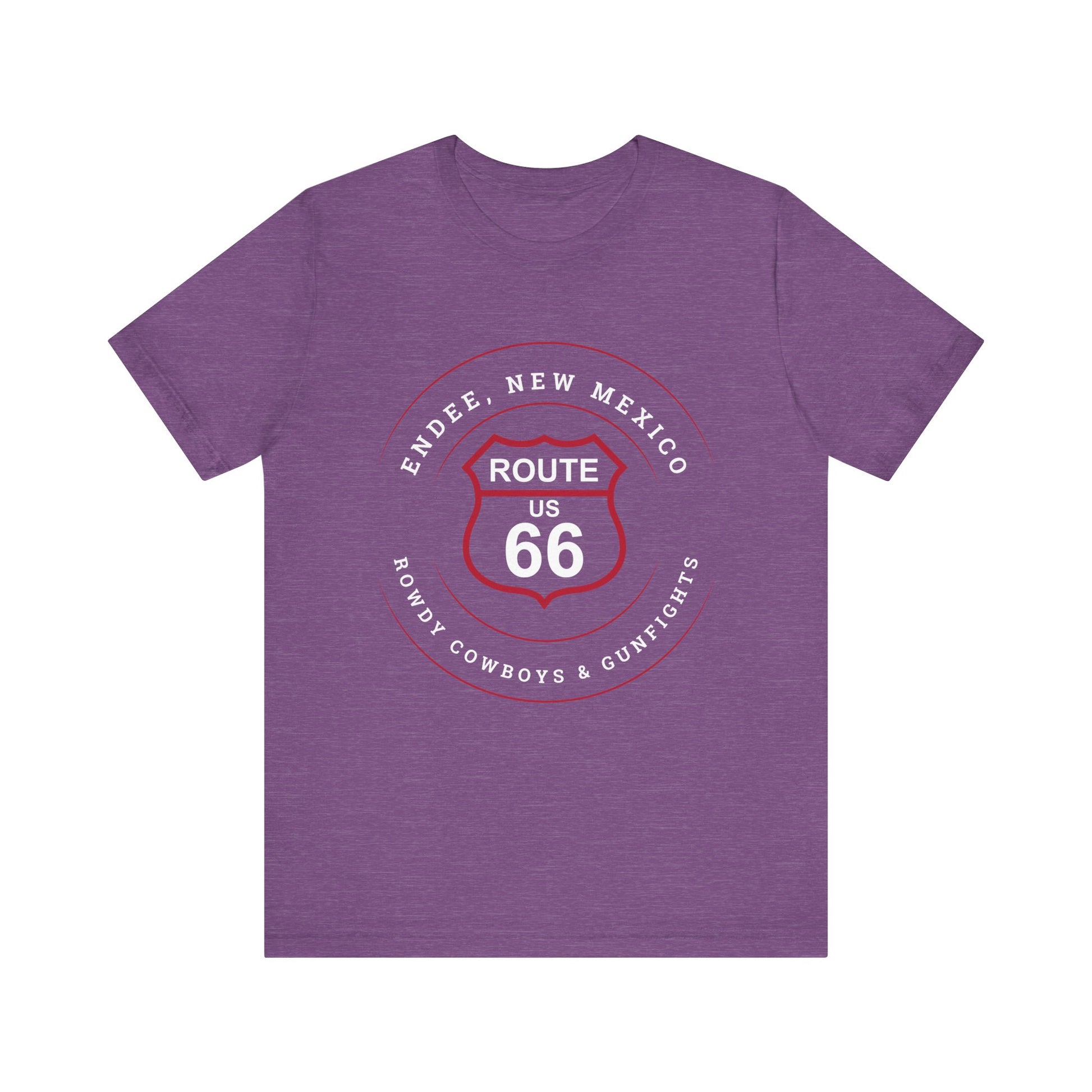 Heather team purple retro Route 66 unisex jersey tee with Endee, NM: "Rowdy Cowboys & Gunfights" design