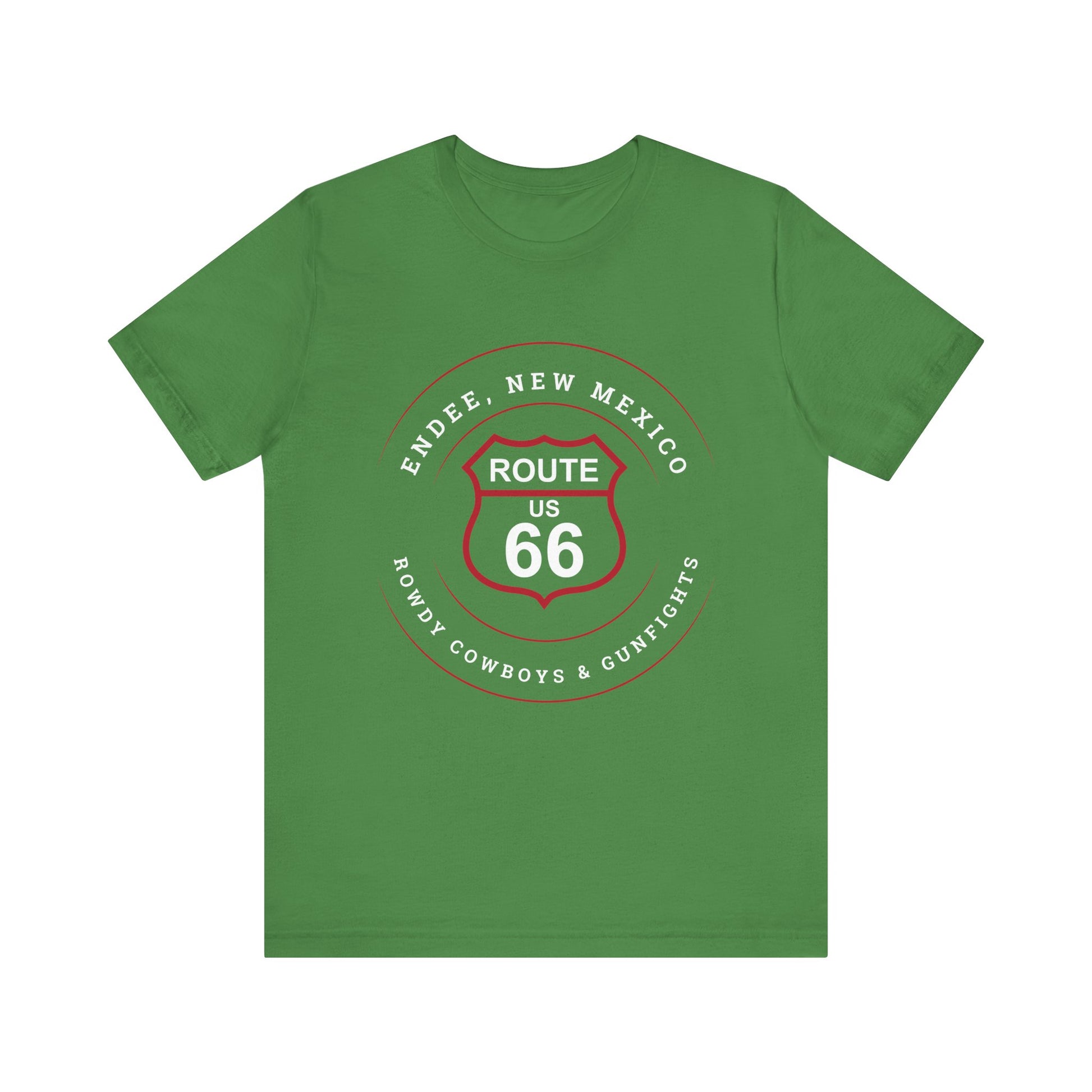 Leaf retro Route 66 unisex jersey tee with Endee, NM: "Rowdy Cowboys & Gunfights" design