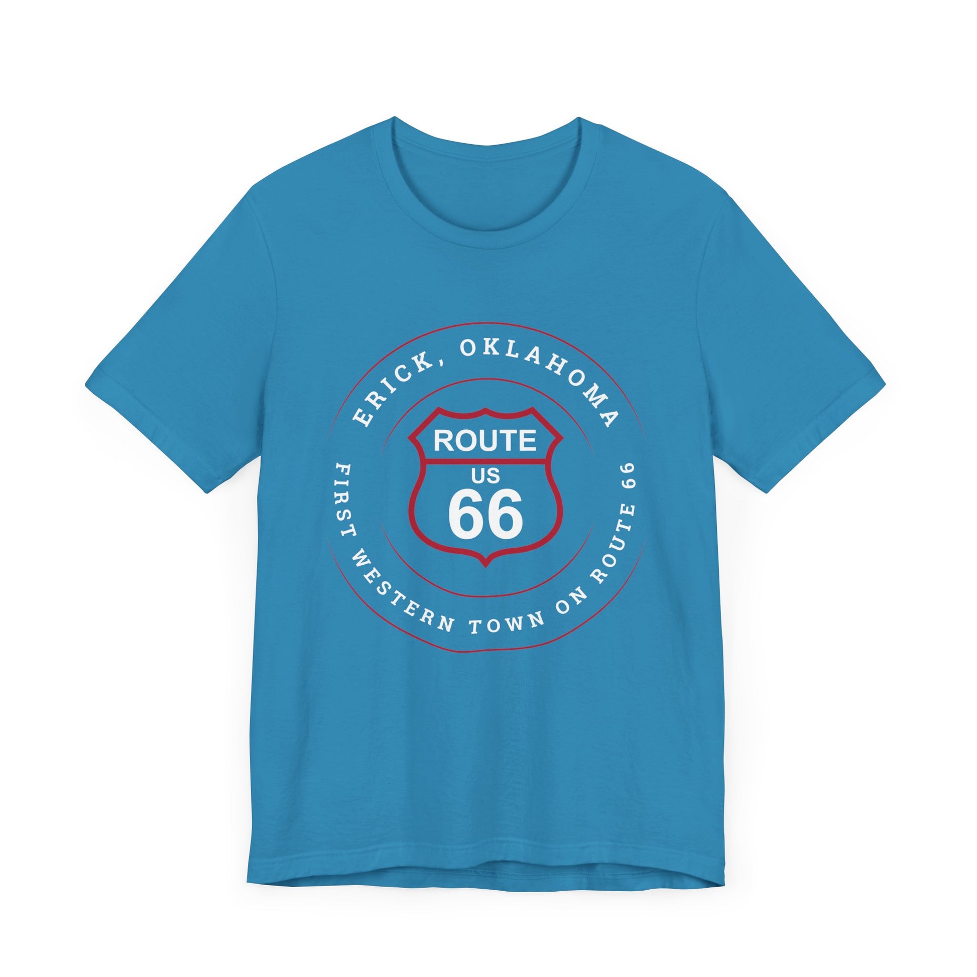 Aqua retro Route 66 unisex jersey tee with Erick, OK: "First Western Town on Route 66" design