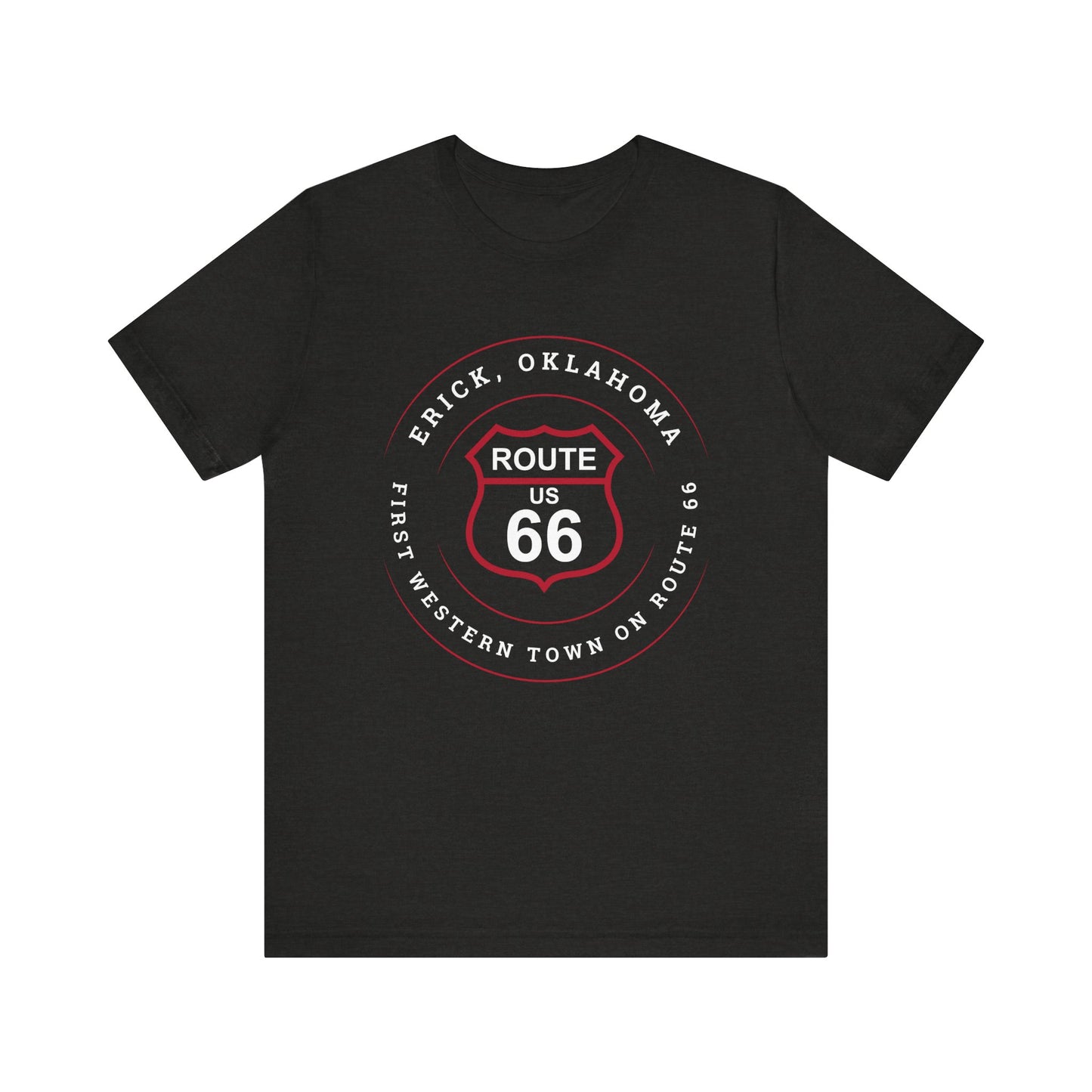 Black heather retro Route 66 unisex jersey tee with Erick, OK: "First Western Town on Route 66" design