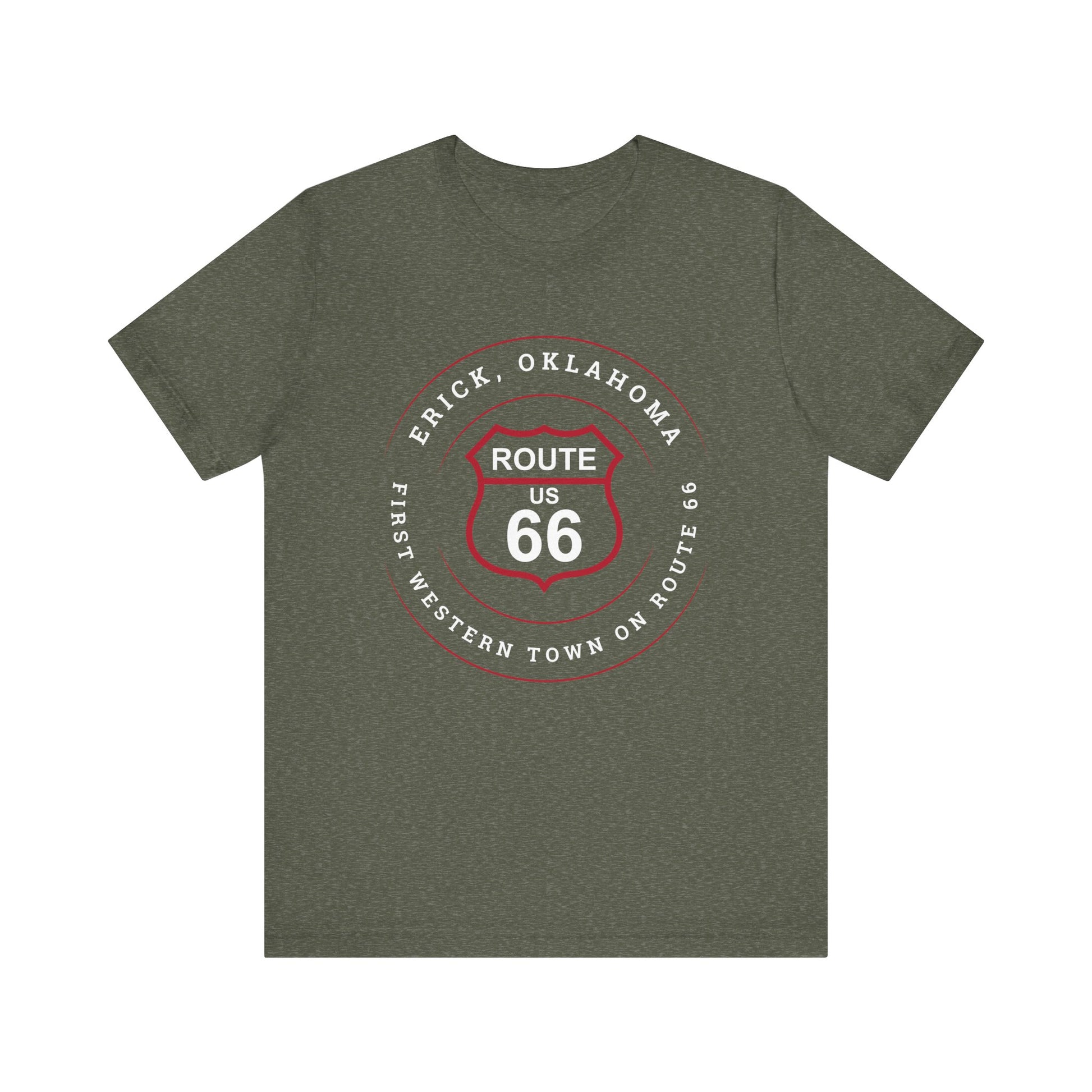 Heather military green retro Route 66 unisex jersey tee with Erick, OK: "First Western Town on Route 66" design