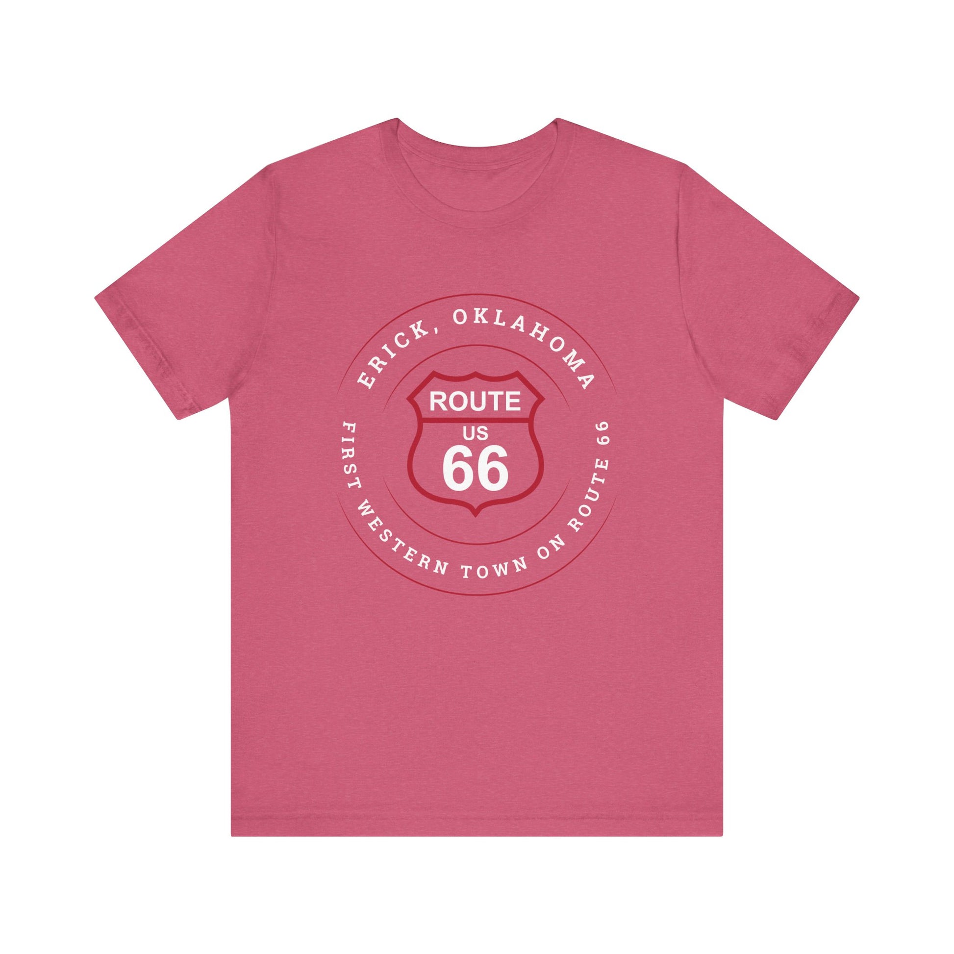 Heather raspberry retro Route 66 unisex jersey tee with Erick, OK: "First Western Town on Route 66" design
