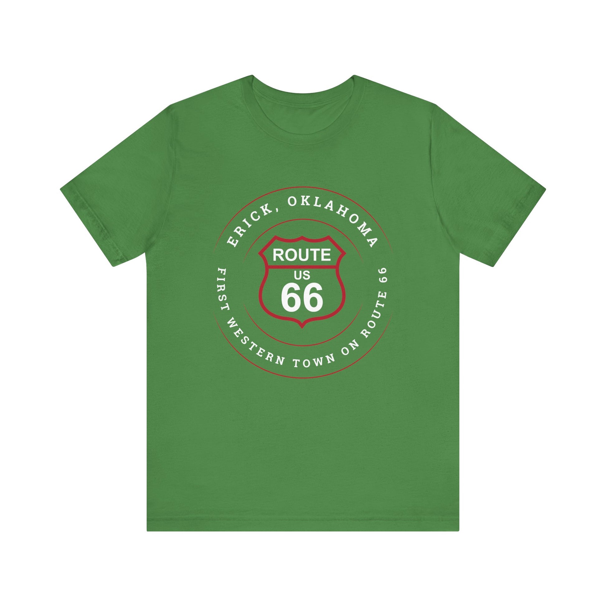 Leaf retro Route 66 unisex jersey tee with Erick, OK: "First Western Town on Route 66" design