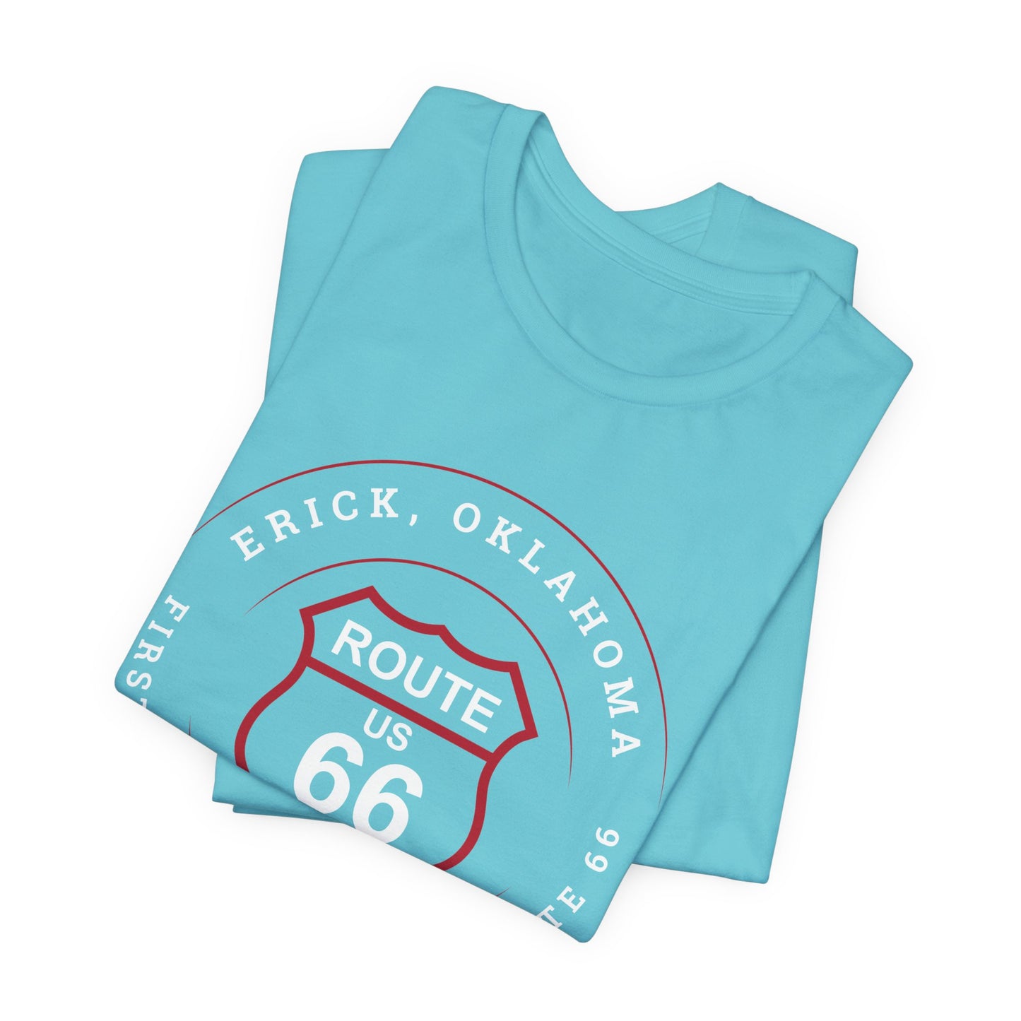 Turquoise retro Route 66 unisex jersey tee with Erick, OK: "First Western Town on Route 66" design folded t-shirt
