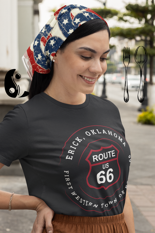 Female model wearing a US bandana  and a vintage black retro Route 66 unisex jersey tee with Erick, OK: "First Western Town on Route 66" design
