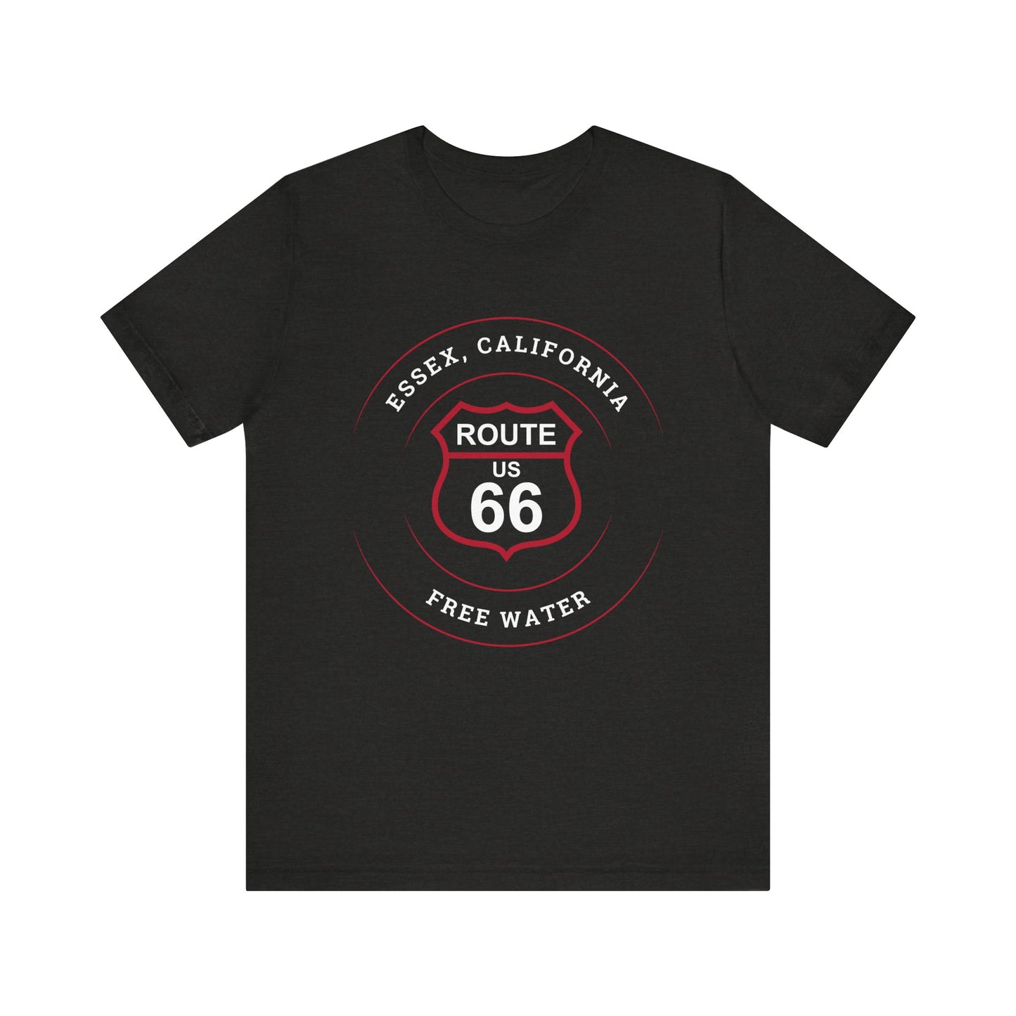 Black heather retro Route 66 unisex jersey tee with Essex, CA: "Free Water" design