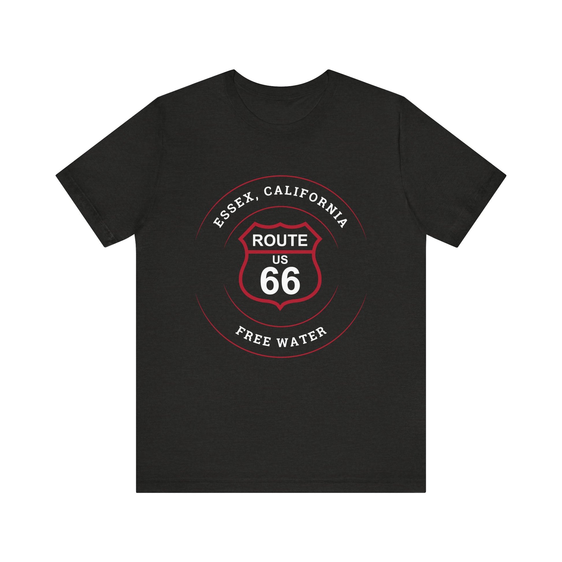 Black heather retro Route 66 unisex jersey tee with Essex, CA: "Free Water" design