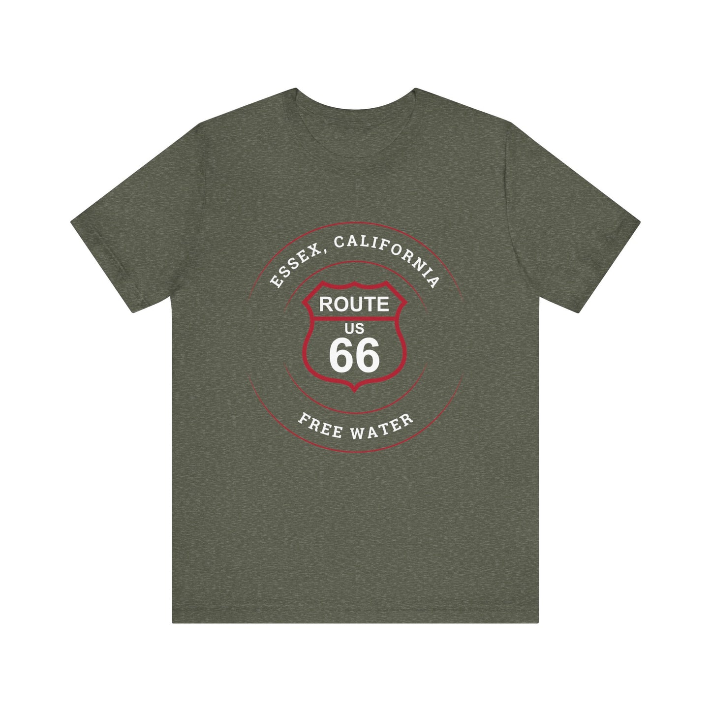 Heather military green retro Route 66 unisex jersey tee with Essex, CA: "Free Water" design