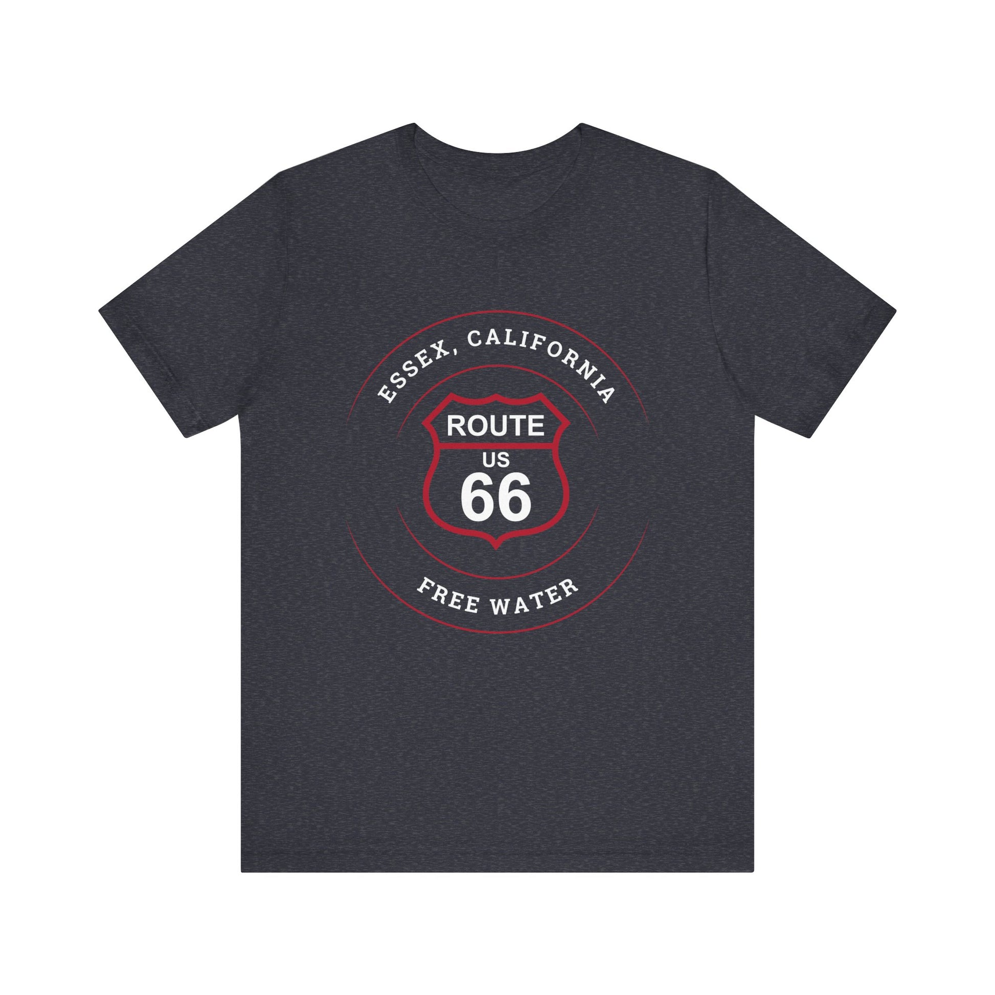 Heather navy retro Route 66 unisex jersey tee with Essex, CA: "Free Water" design