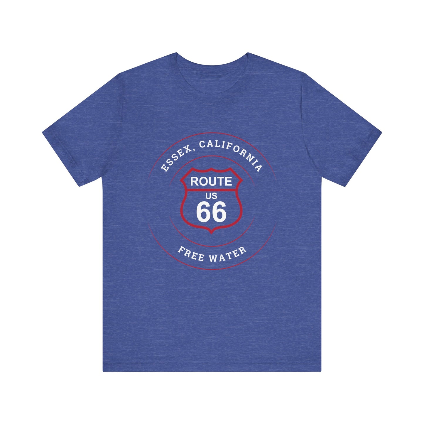 Heather true royal retro Route 66 unisex jersey tee with Essex, CA: "Free Water" design