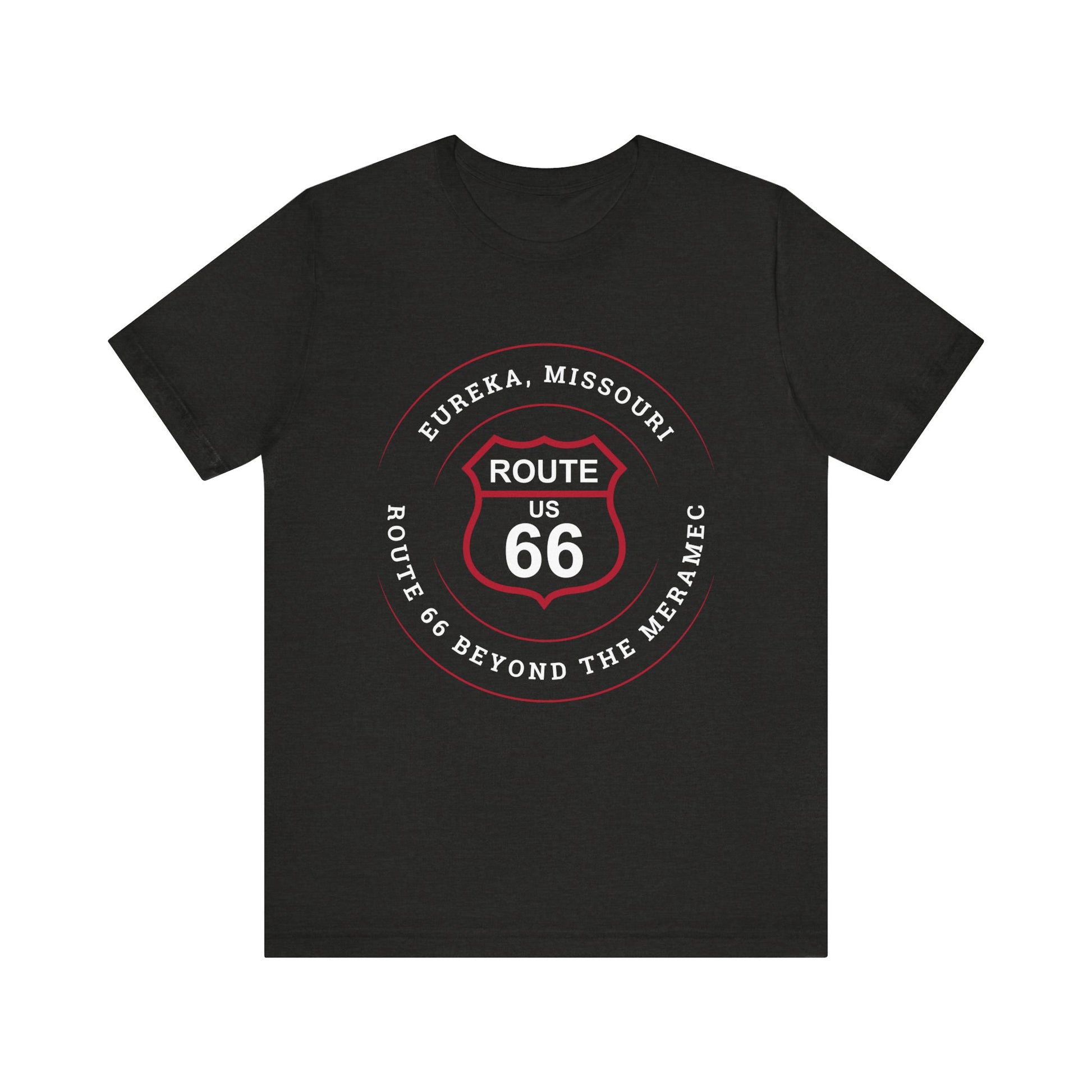 Black heather retro Route 66 unisex jersey tee with Eureka, MO: "Route 66 Beyond the Meramec" design