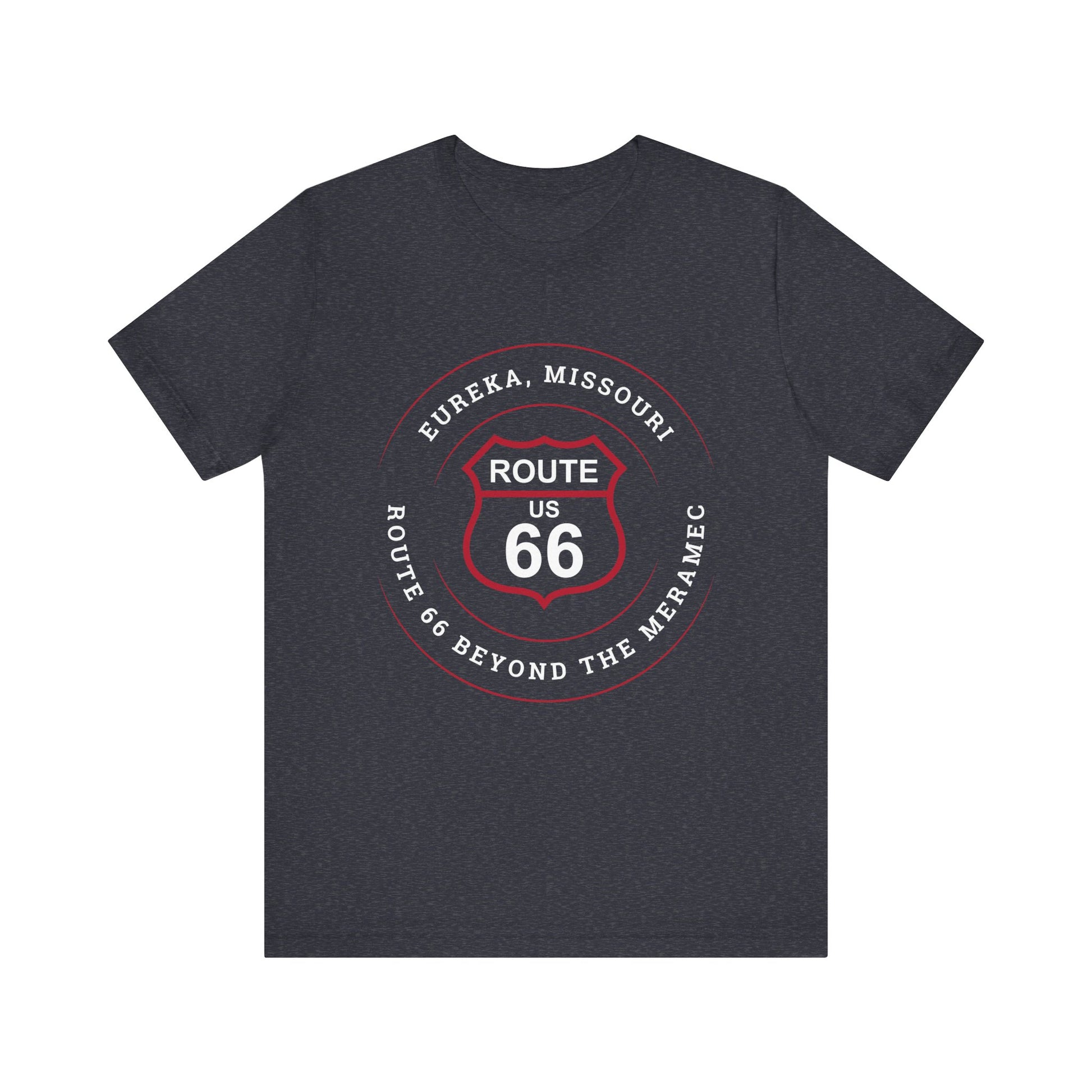 Heather navy retro Route 66 unisex jersey tee with Eureka, MO: "Route 66 Beyond the Meramec" design