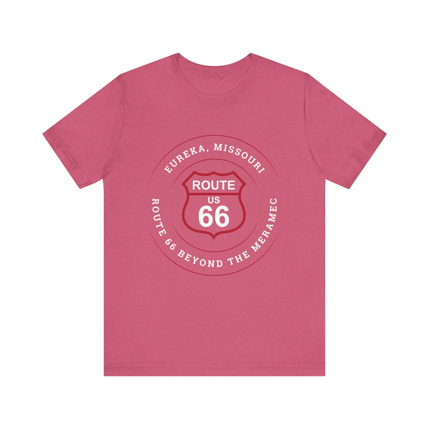 Heather raspberry retro Route 66 unisex jersey tee with Eureka, MO: "Route 66 Beyond the Meramec" design