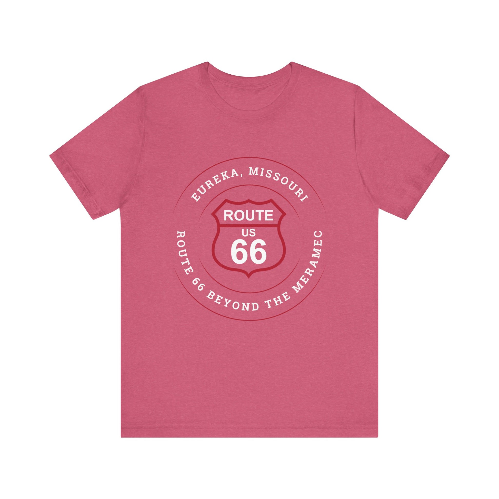 Heather raspberry retro Route 66 unisex jersey tee with Eureka, MO: "Route 66 Beyond the Meramec" design
