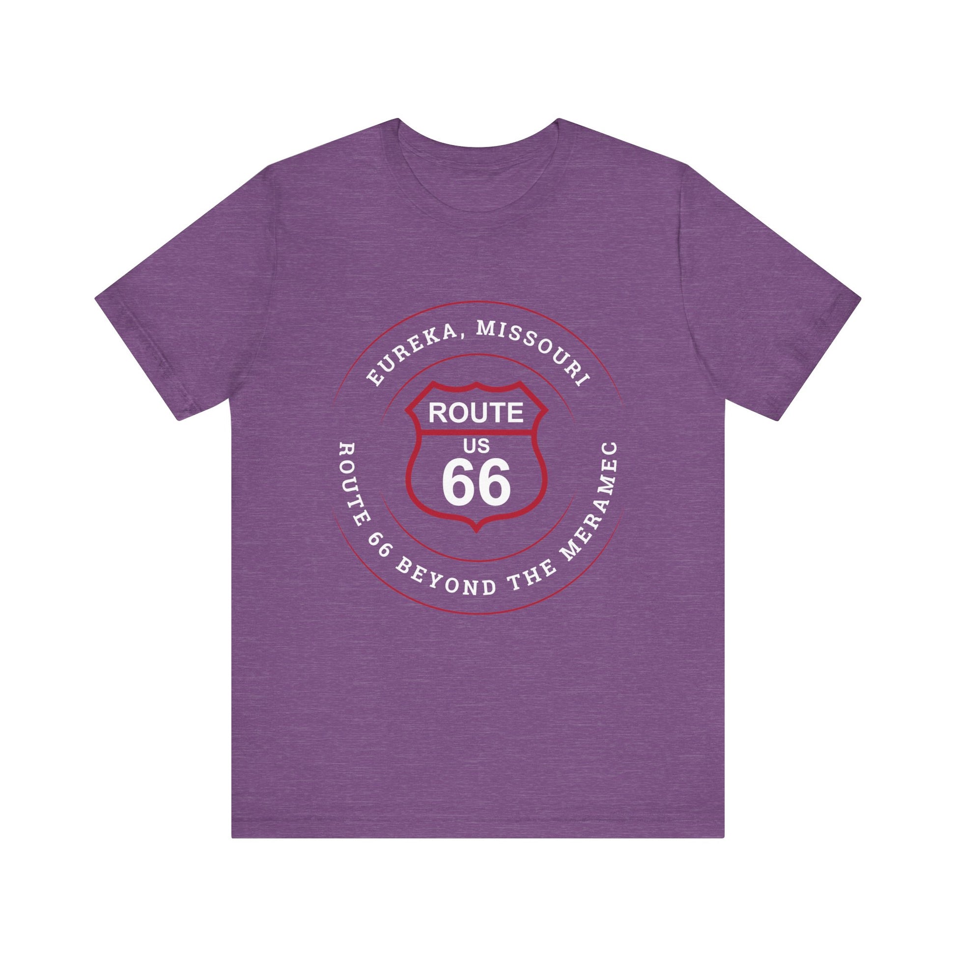 Heather team purple retro Route 66 unisex jersey tee with Eureka, MO: "Route 66 Beyond the Meramec" design