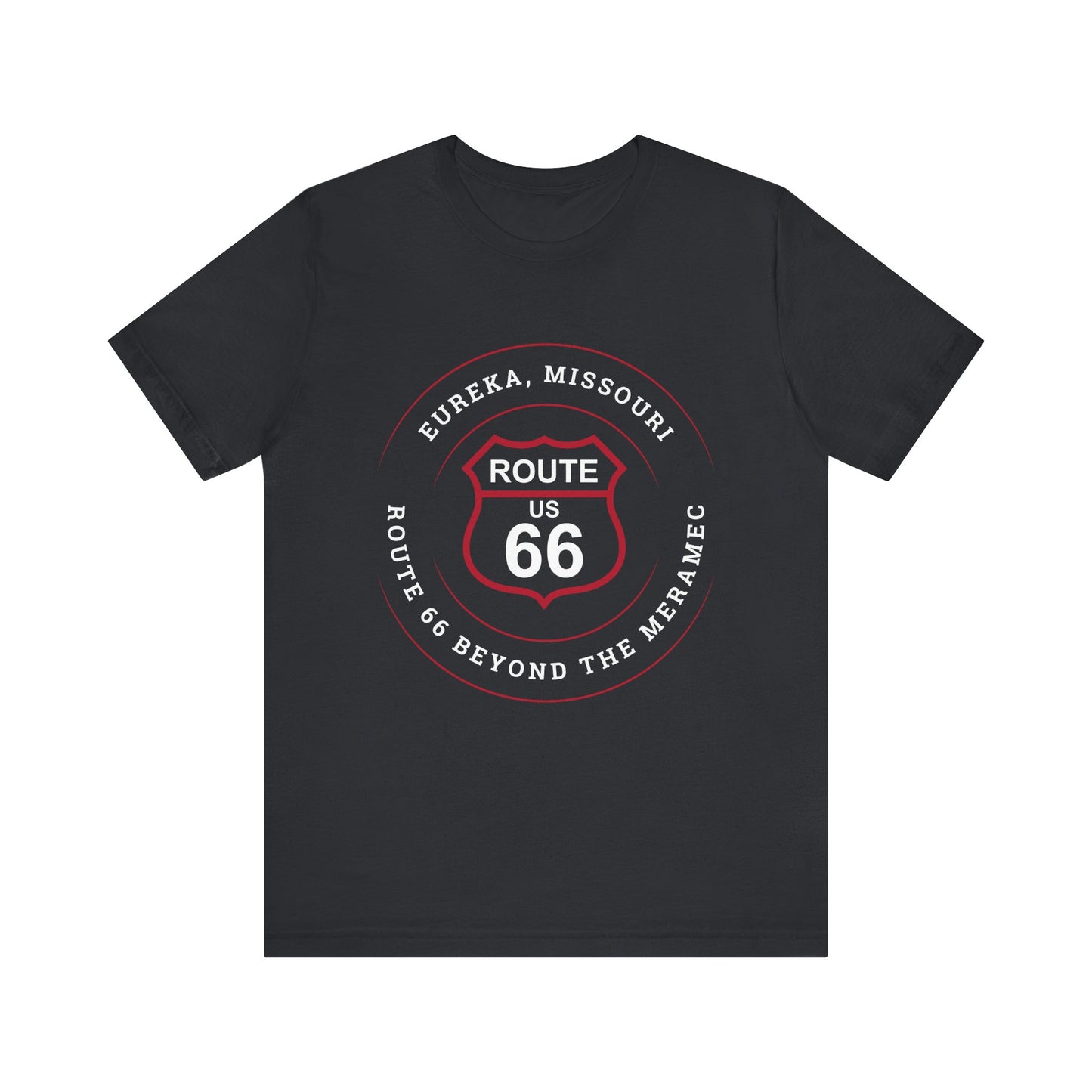 Vintage black retro Route 66 unisex jersey tee with Eureka, MO: "Route 66 Beyond the Meramec" design