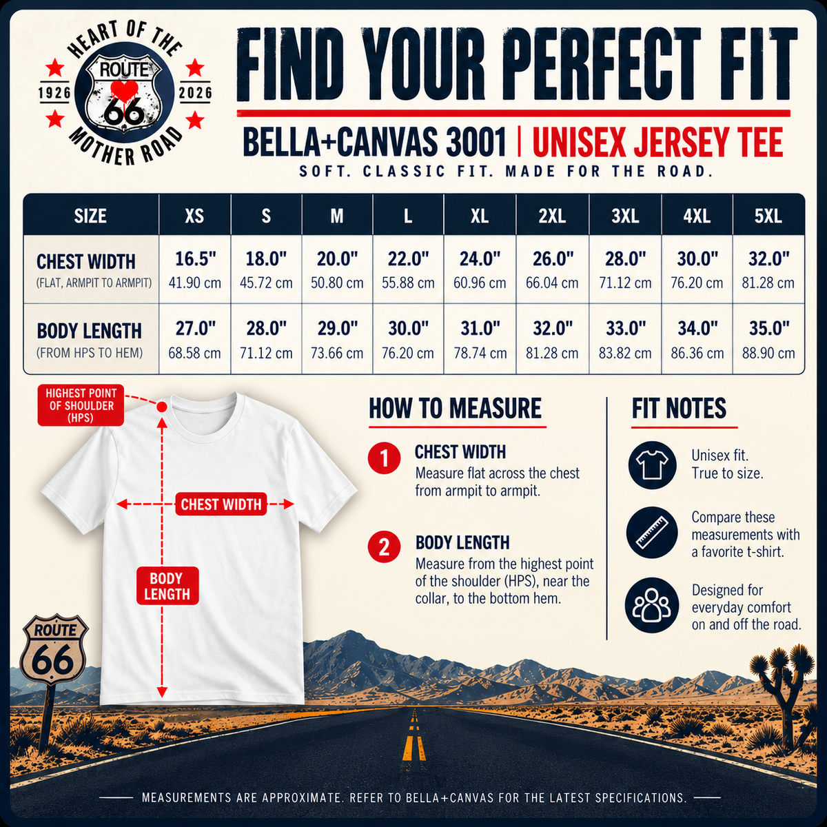 Route 66 Everytown tee size chart, Bella+Canvas 3001