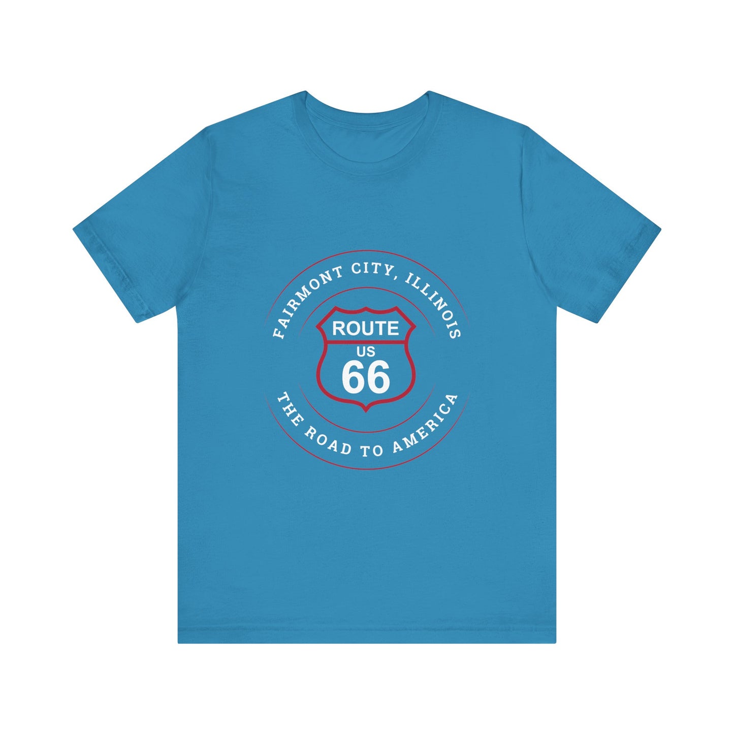 Aqua retro Route 66 unisex jersey tee with Fairmount City, IL:: "The Road to America" design
