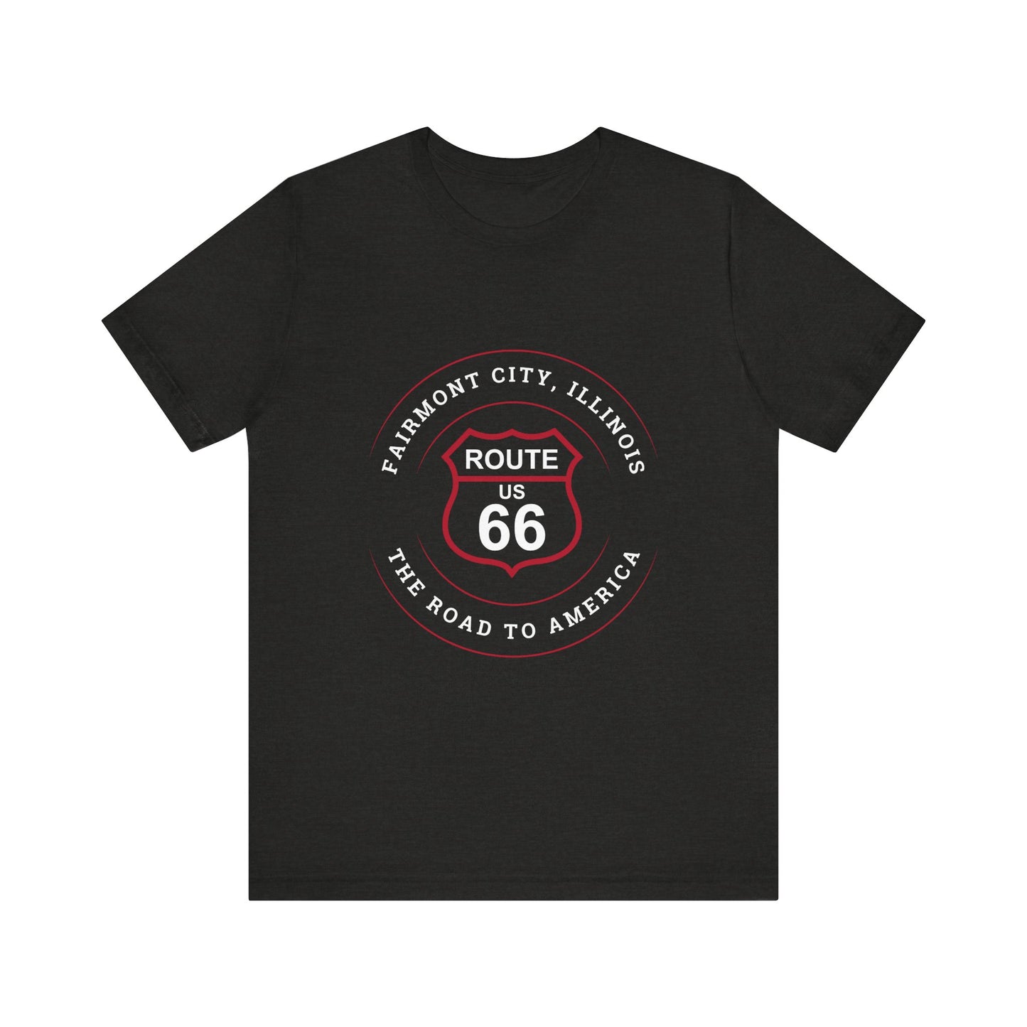 Black heather retro Route 66 unisex jersey tee with Fairmount City, IL:: "The Road to America" design