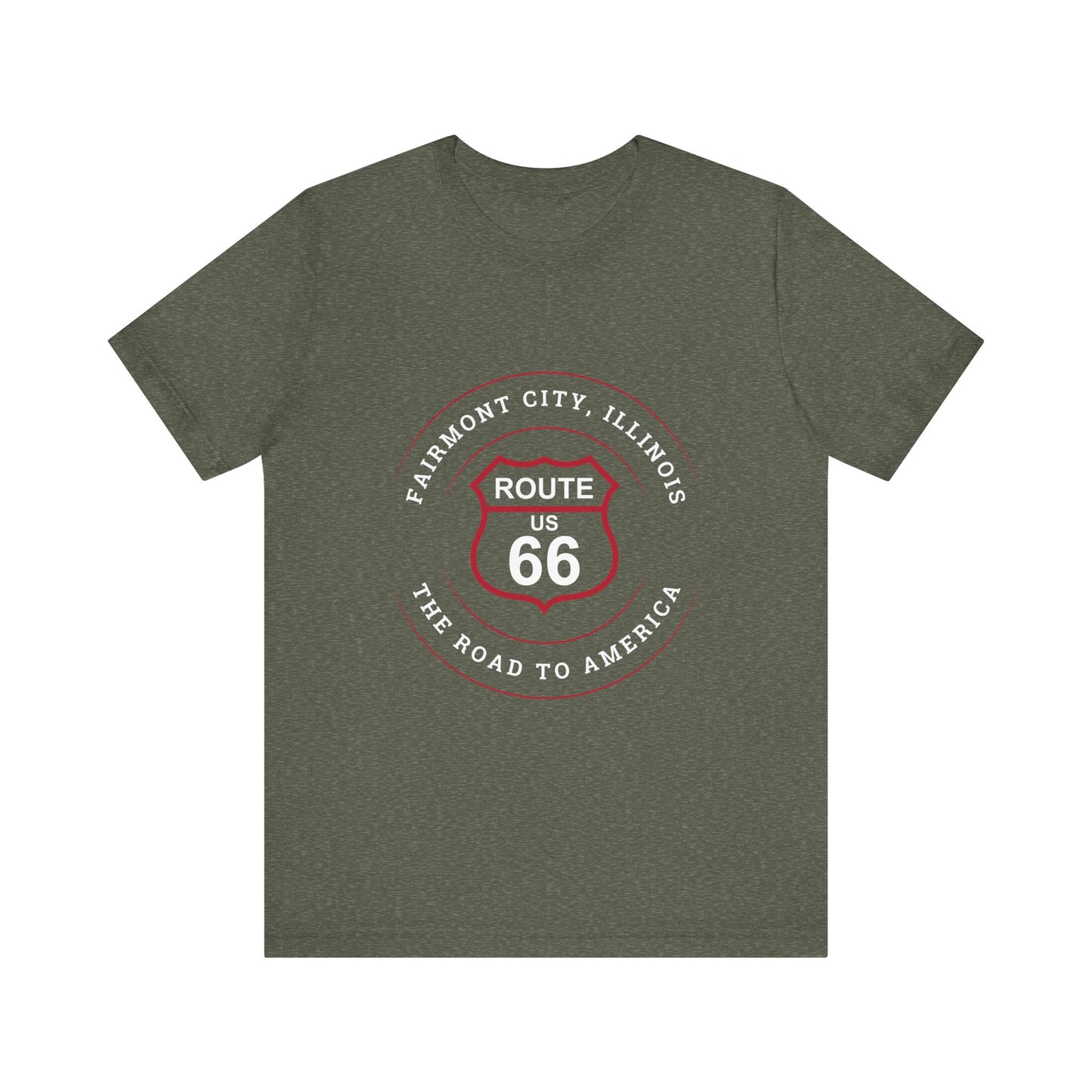Heather military green retro Route 66 unisex jersey tee with Fairmount City, IL:: "The Road to America" design
