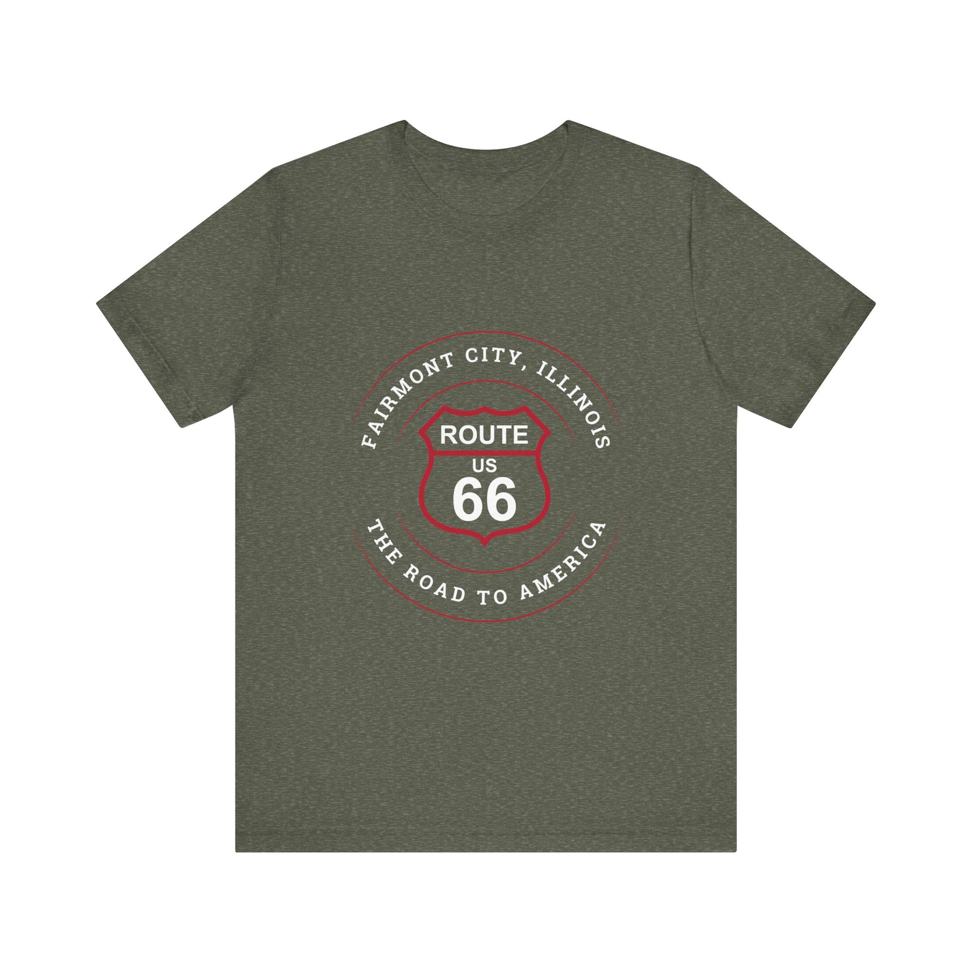 Heather military green retro Route 66 unisex jersey tee with Fairmount City, IL:: "The Road to America" design