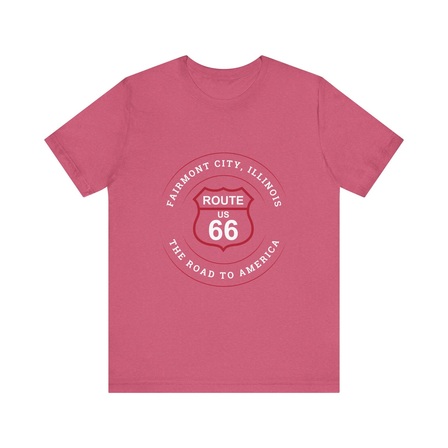 Heather raspberry retro Route 66 unisex jersey tee with Fairmount City, IL:: "The Road to America" design