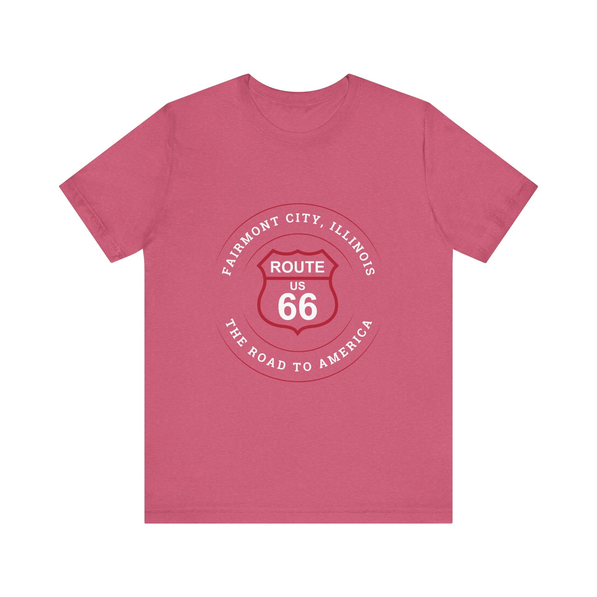 Heather raspberry retro Route 66 unisex jersey tee with Fairmount City, IL:: "The Road to America" design