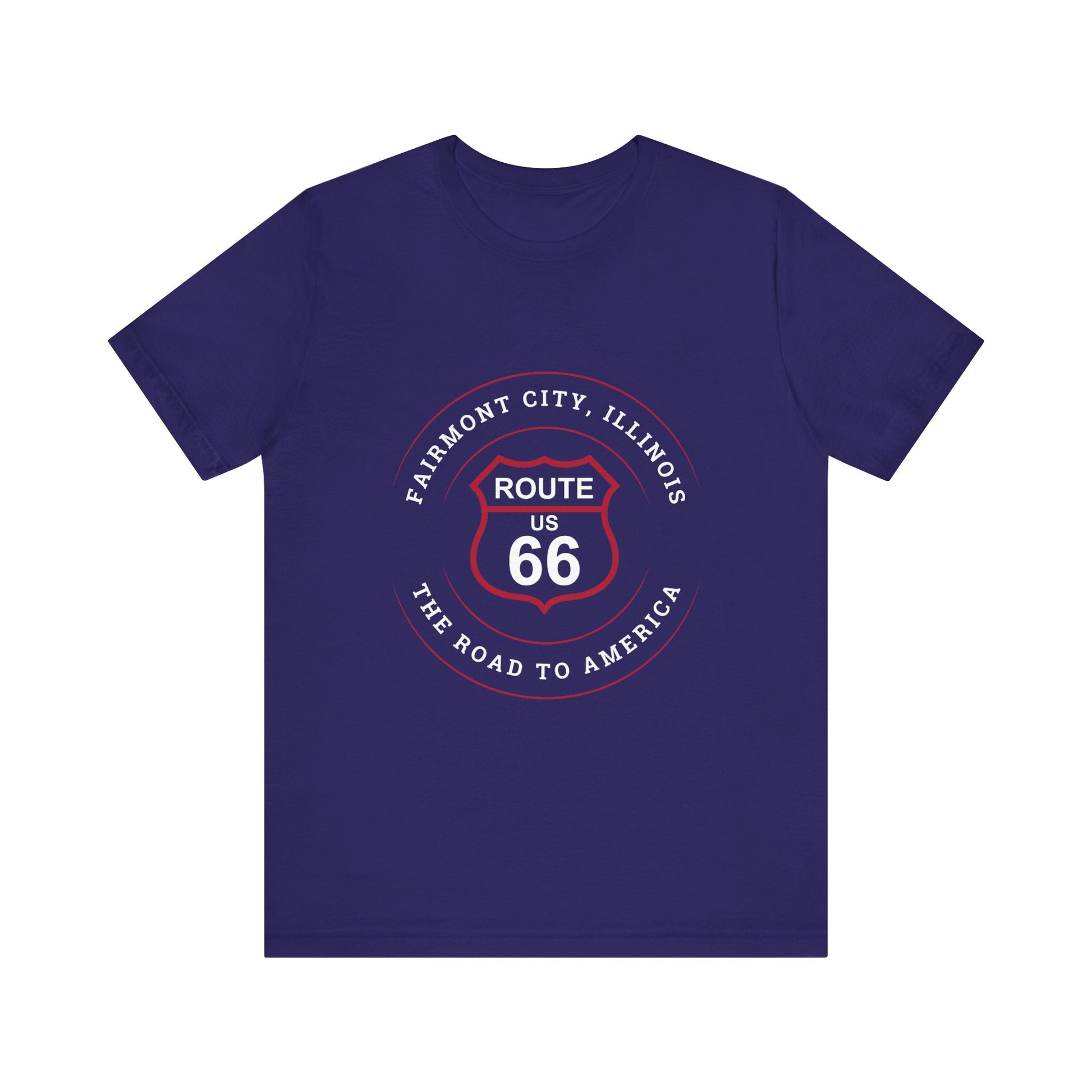 Team navy retro Route 66 unisex jersey tee with Fairmount City, IL:: "The Road to America" design