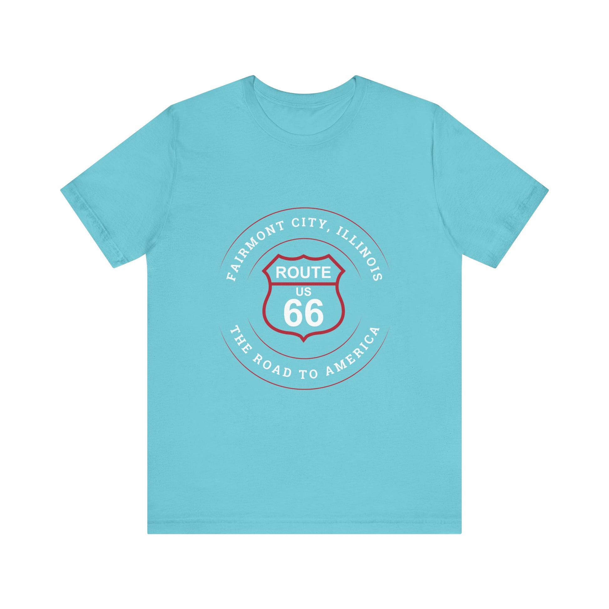 Turquoise retro Route 66 unisex jersey tee with Fairmount City, IL:: "The Road to America" design
