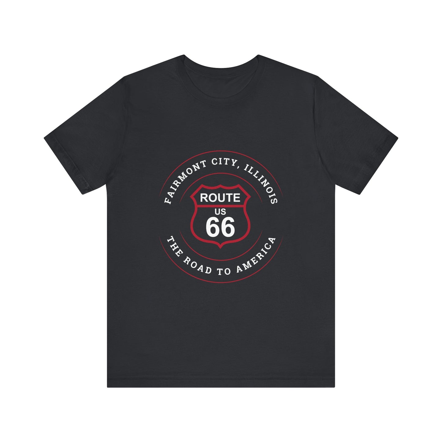 Vintage black retro Route 66 unisex jersey tee with Fairmount City, IL:: "The Road to America" design