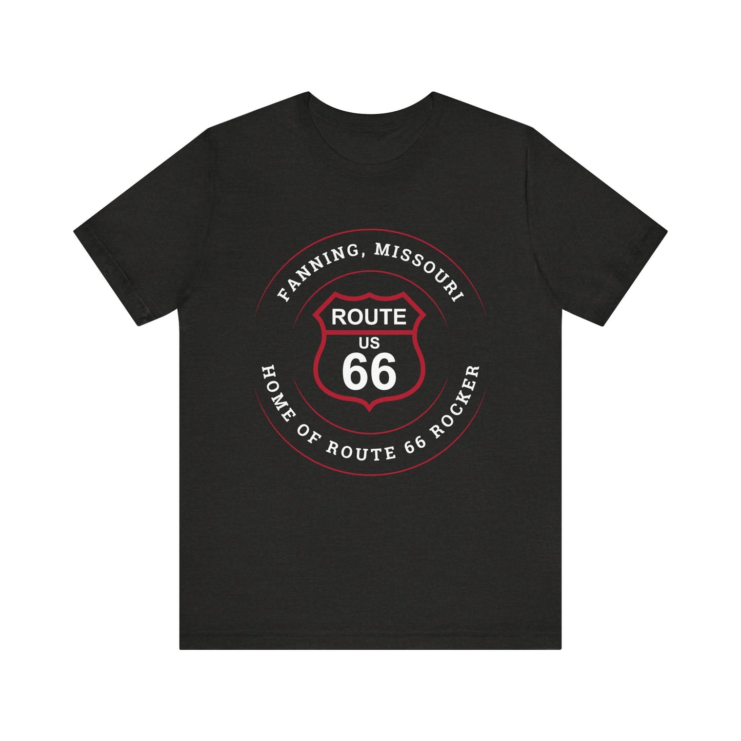 Black heather retro Route 66 unisex jersey tee with Fanning, MO: "Home of the Route 66 Rocker" design