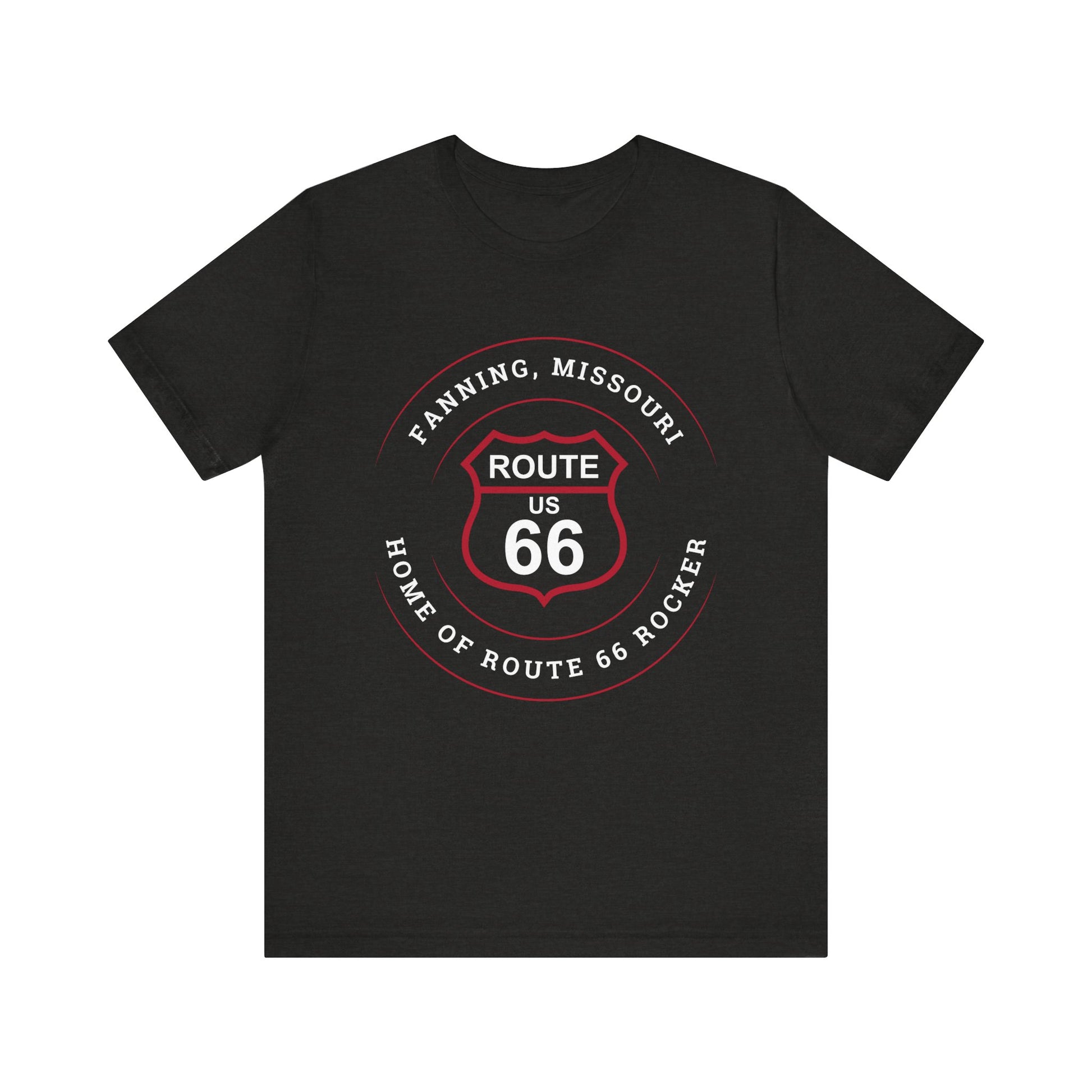 Black heather retro Route 66 unisex jersey tee with Fanning, MO: "Home of the Route 66 Rocker" design