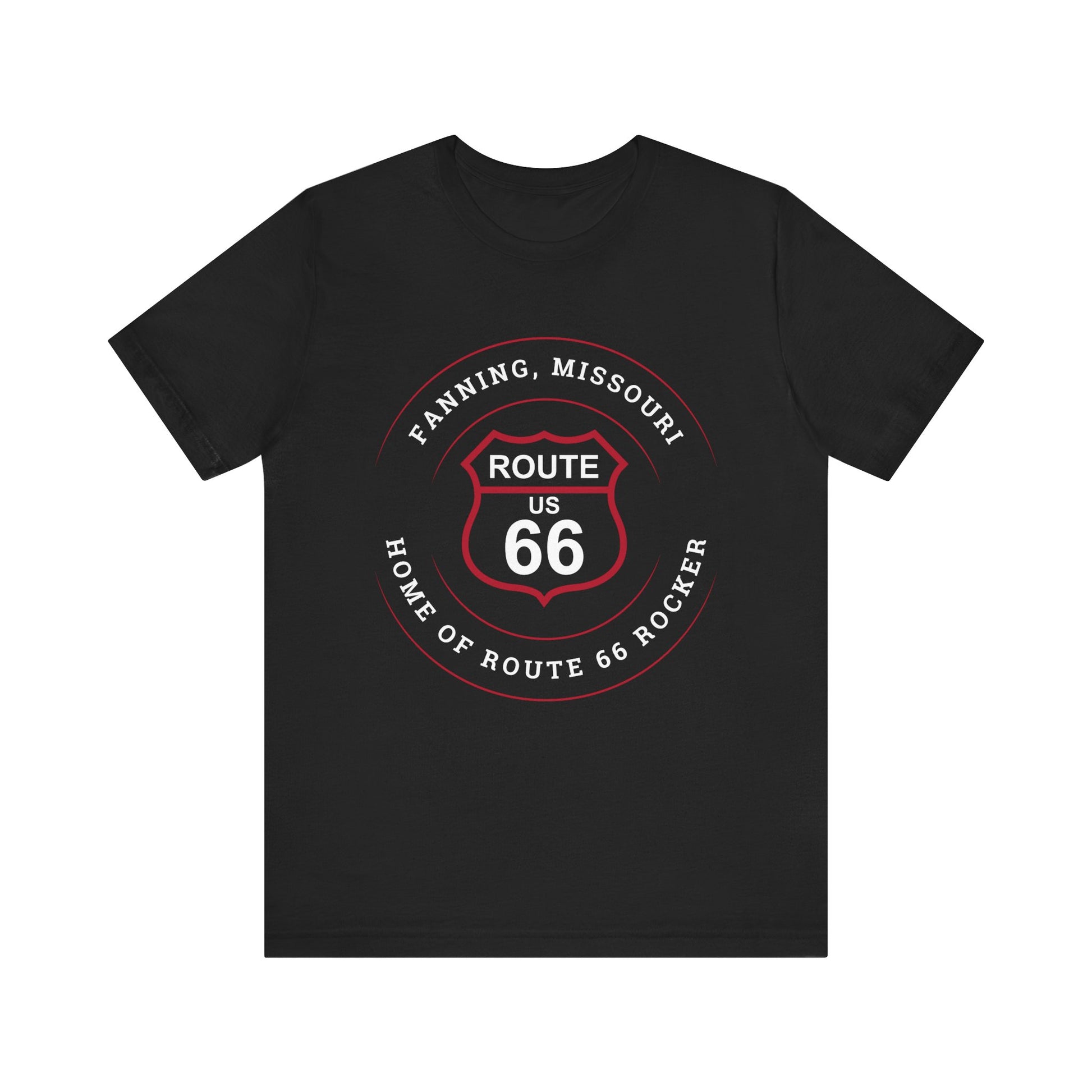 Black retro Route 66 unisex jersey tee with Fanning, MO: "Home of the Route 66 Rocker" design