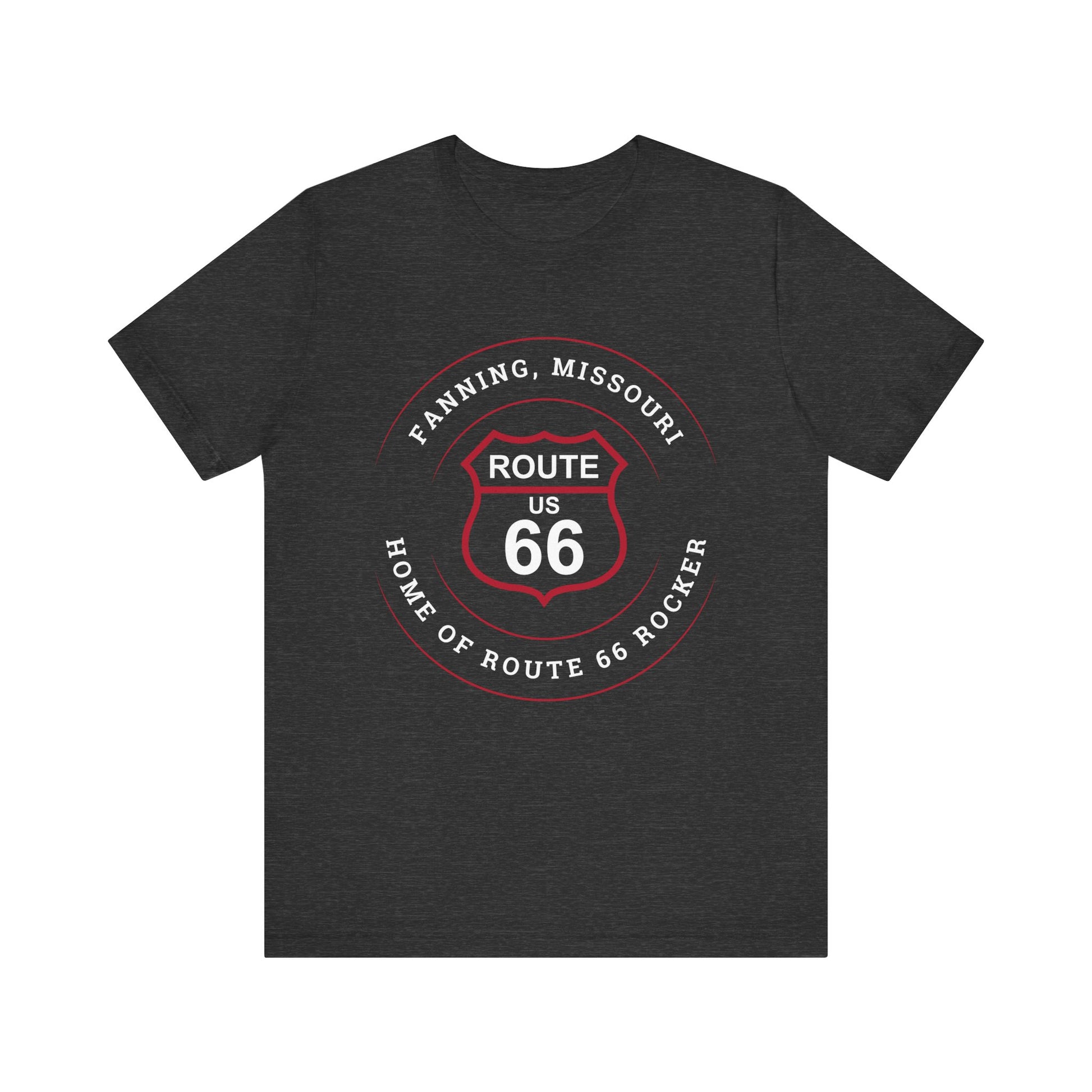 Dark grey heather retro Route 66 unisex jersey tee with Fanning, MO: "Home of the Route 66 Rocker" design