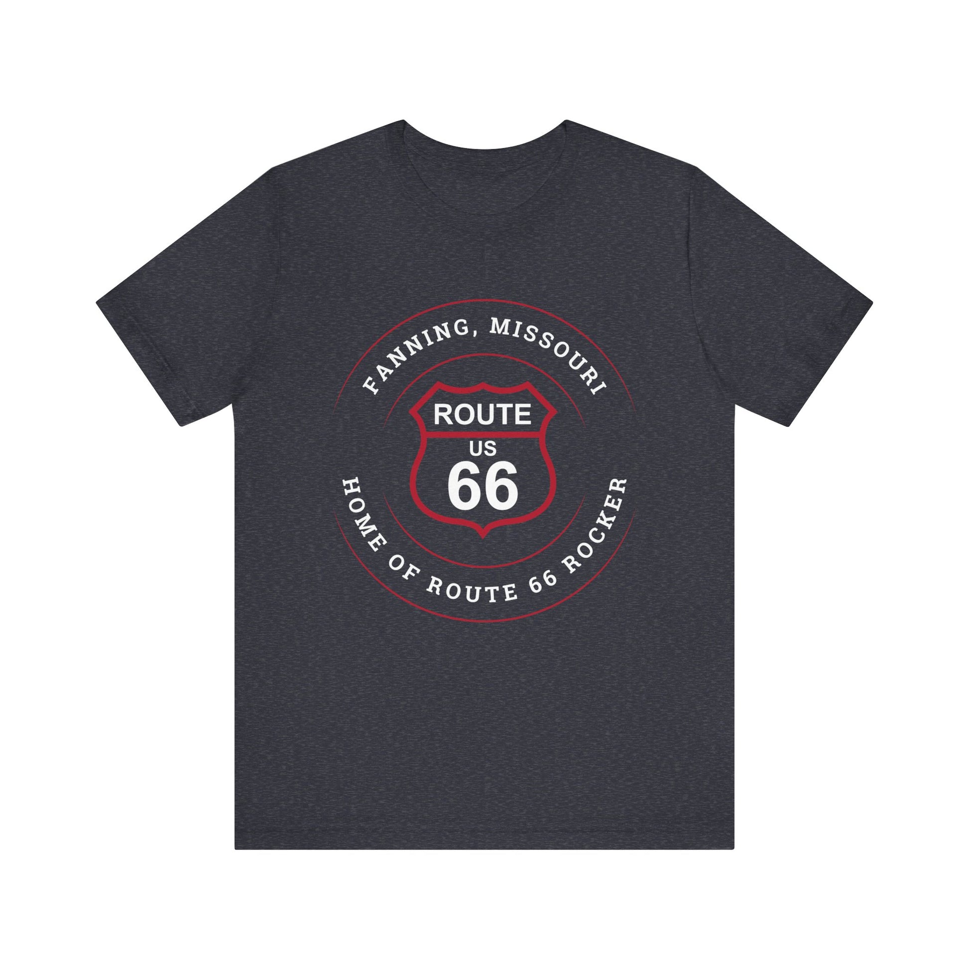 Heather navy retro Route 66 unisex jersey tee with Fanning, MO: "Home of the Route 66 Rocker" design
