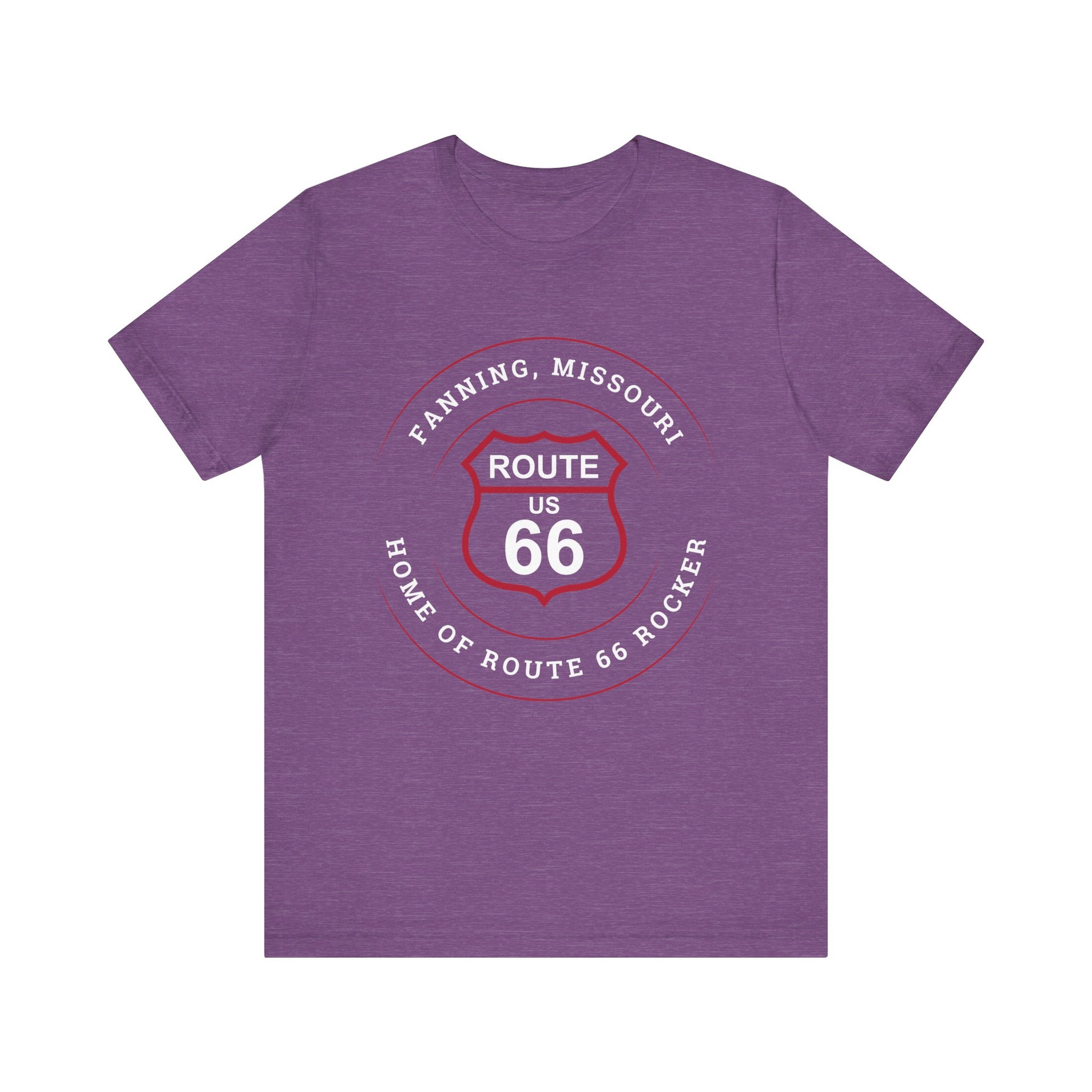 Heather team purple retro Route 66 unisex jersey tee with Fanning, MO: "Home of the Route 66 Rocker" design