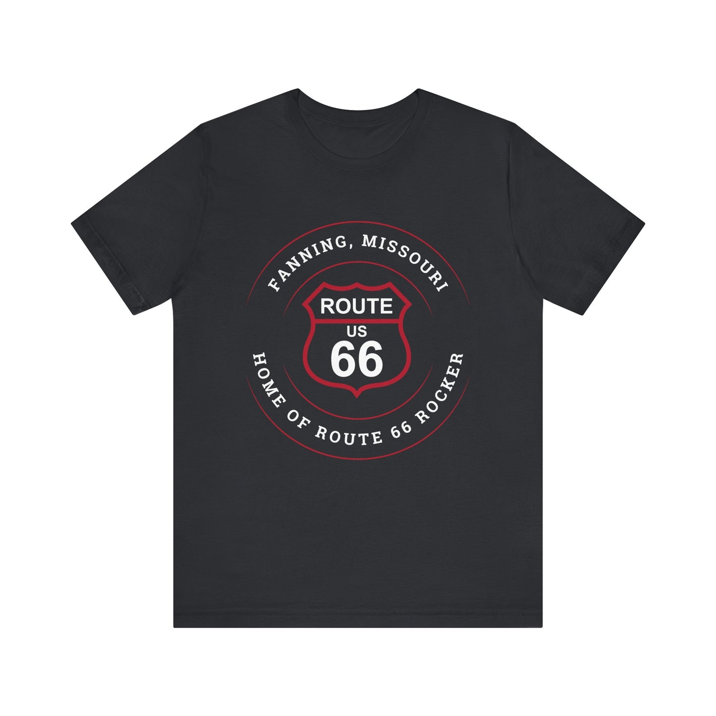 Vintage black retro Route 66 unisex jersey tee with Fanning, MO: "Home of the Route 66 Rocker" design