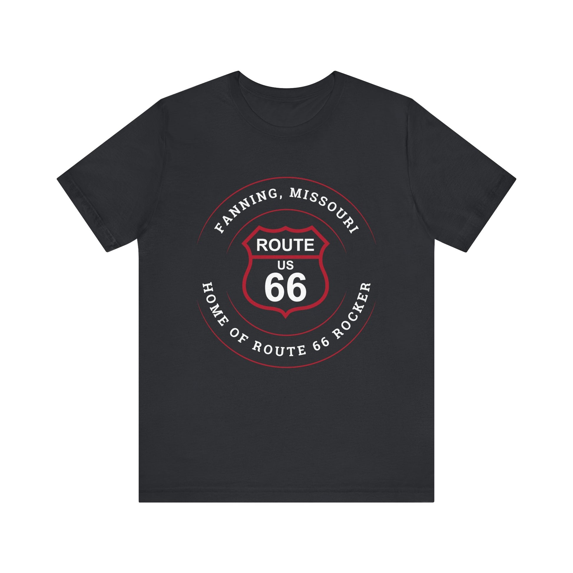 Vintage black retro Route 66 unisex jersey tee with Fanning, MO: "Home of the Route 66 Rocker" design