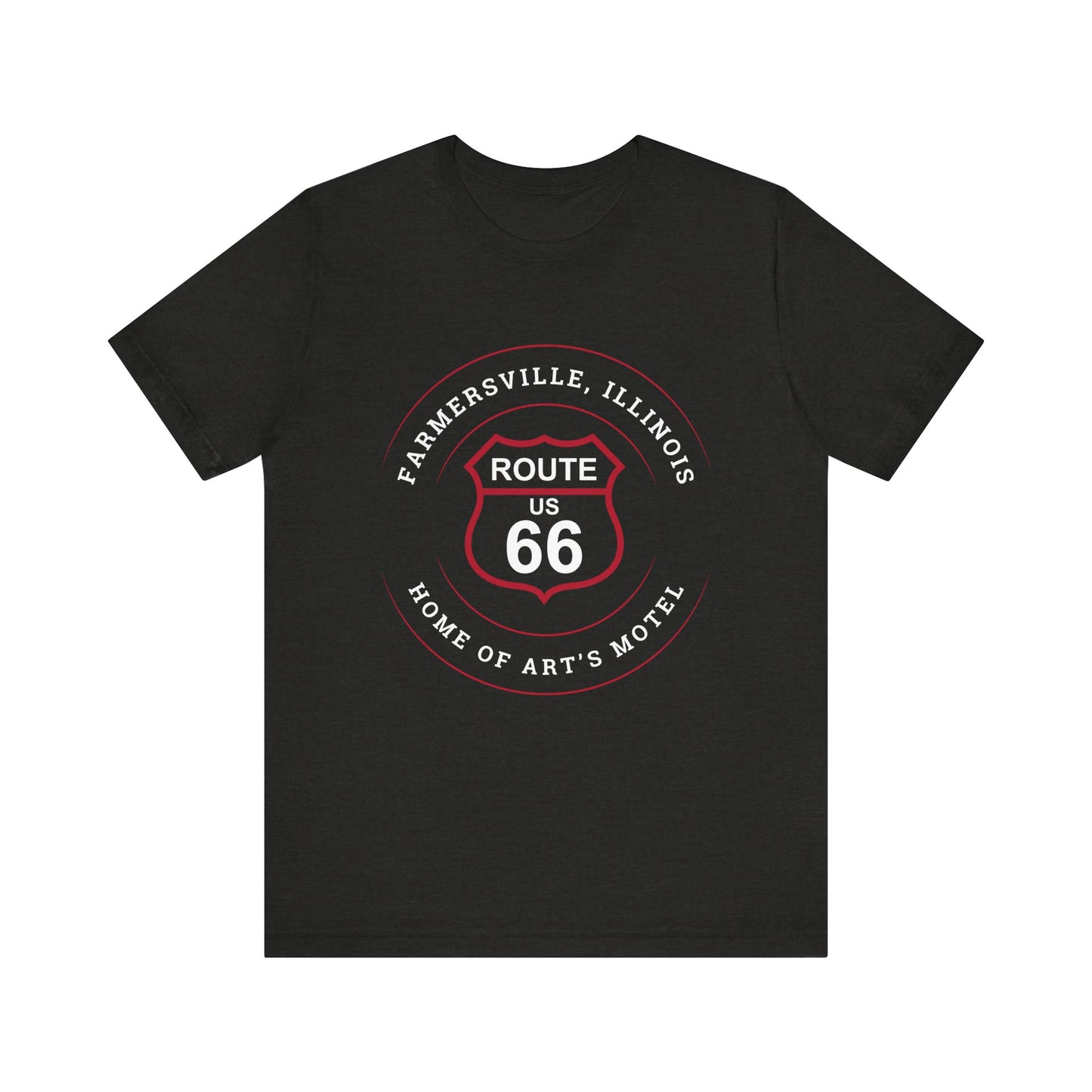 Black heather retro Route 66 unisex jersey tee with Farmersville, IL: "Home of Art's Motel" design