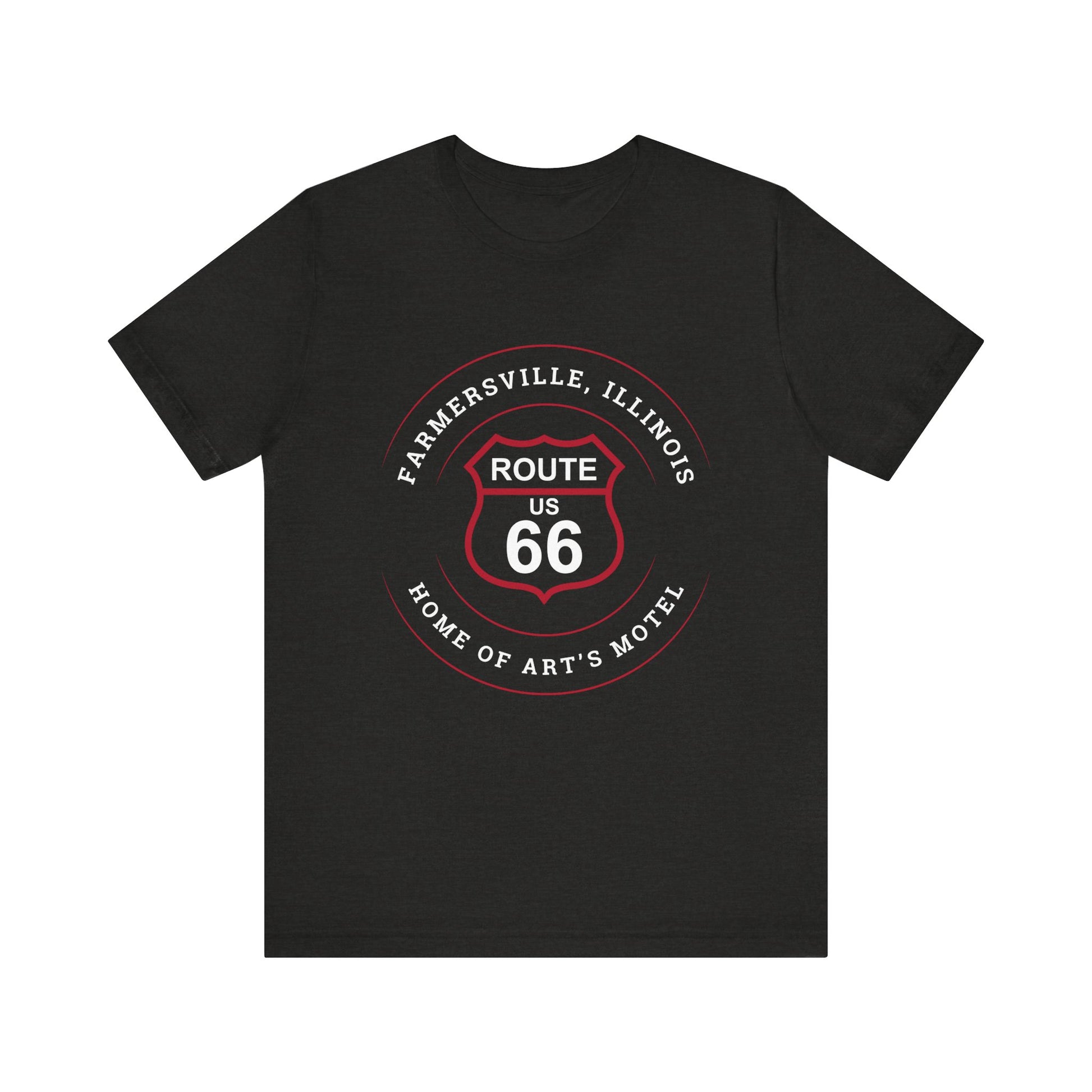 Black heather retro Route 66 unisex jersey tee with Farmersville, IL: "Home of Art's Motel" design