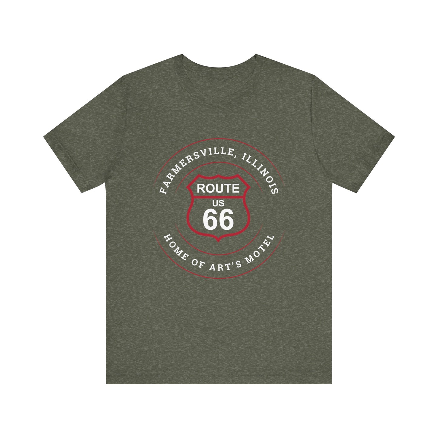 Heather military green retro Route 66 unisex jersey tee with Farmersville, IL: "Home of Art's Motel" design